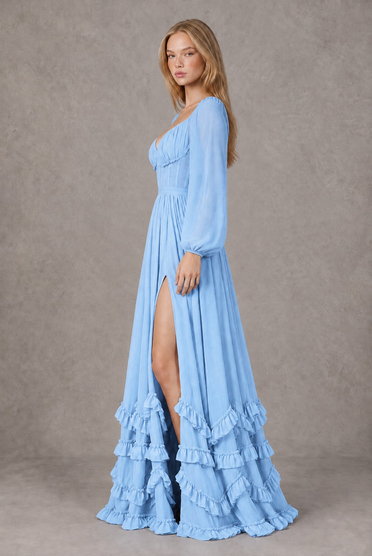 Light Blue Long-Sleeve Ruffle Maxi Dress with Lace-Up Back and Slit - Light Blue