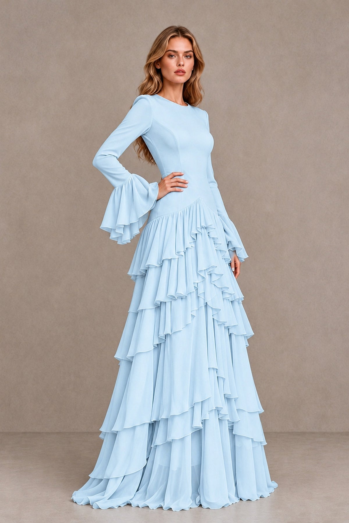 Light Blue Long Sleeve Tiered Ruffle Evening Gown - Light Blue - Light Blue_3