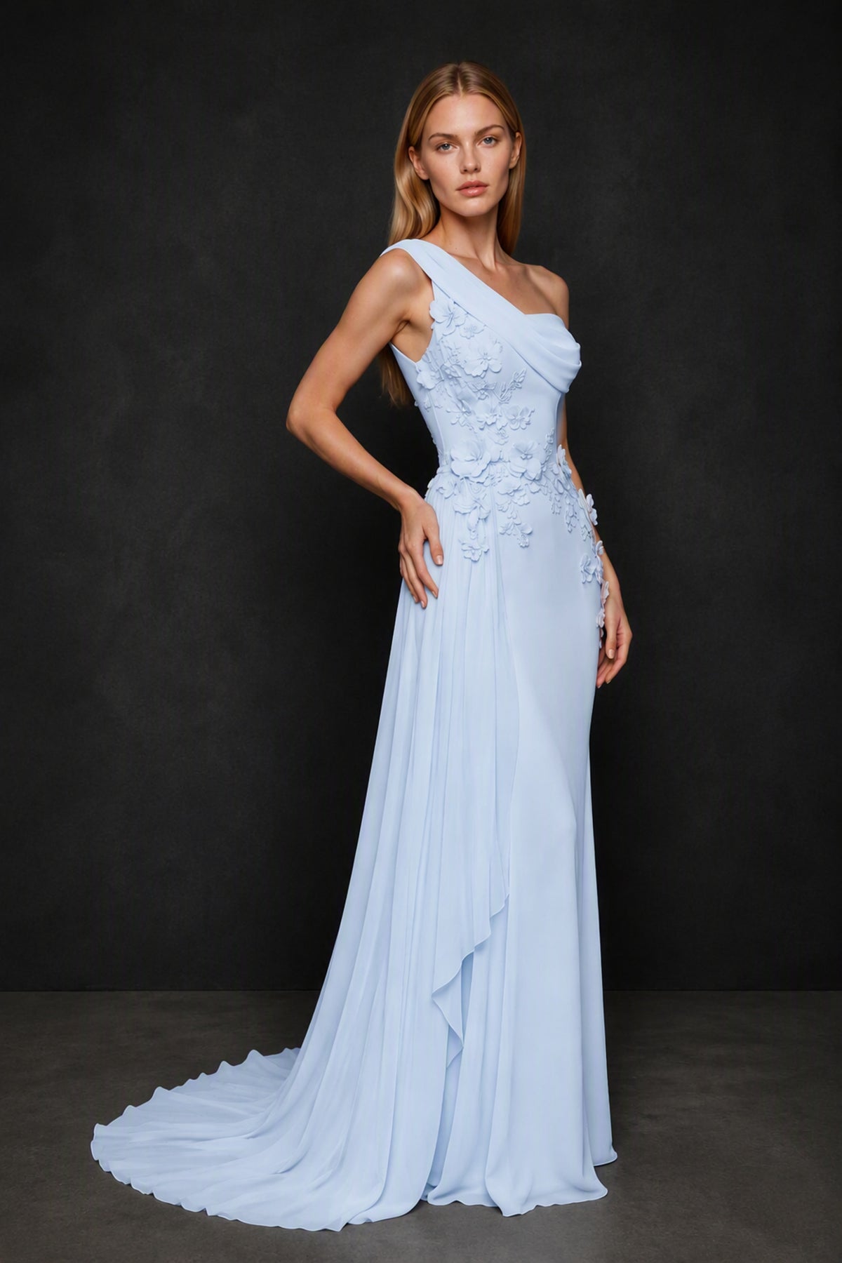 BOLODOO Light Blue One-Shoulder 3D Floral Appliqué Chiffon Gown with Open Back - Light Blue