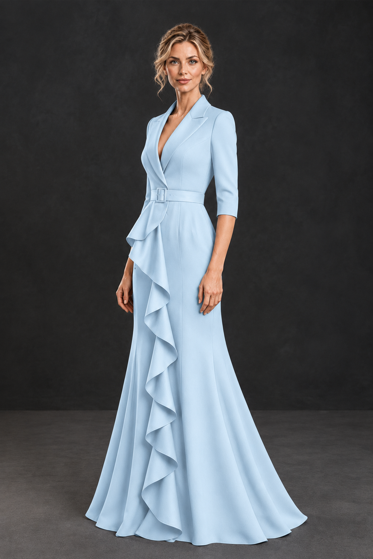 BOLODOO Light Blue Lapel Ruffle Mother of the Bride Dress with Belt - Light Blue - Light Blue_3