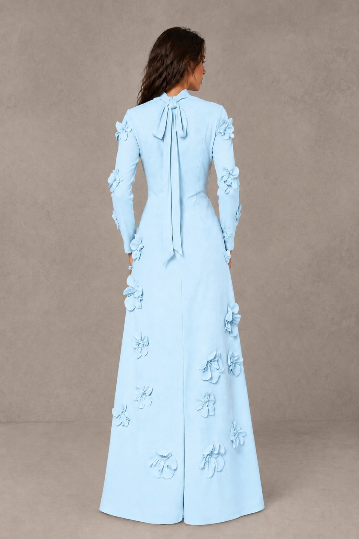 BOLODOO Light Blue High Neck Long Sleeve 3D Floral Evening Gown - Light Blue