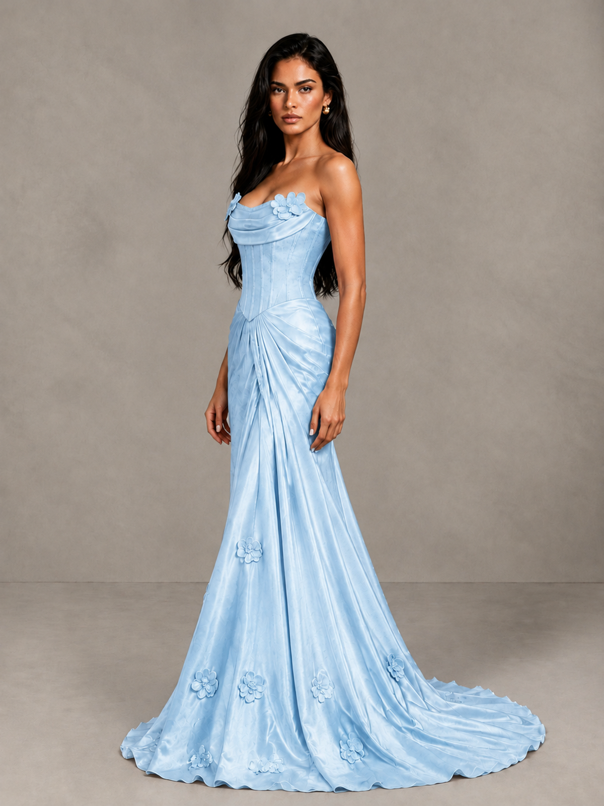 BOLODOO Light Blue Strapless Floral Corset Evening Gown with Train - Light Blue - Light Blue_3