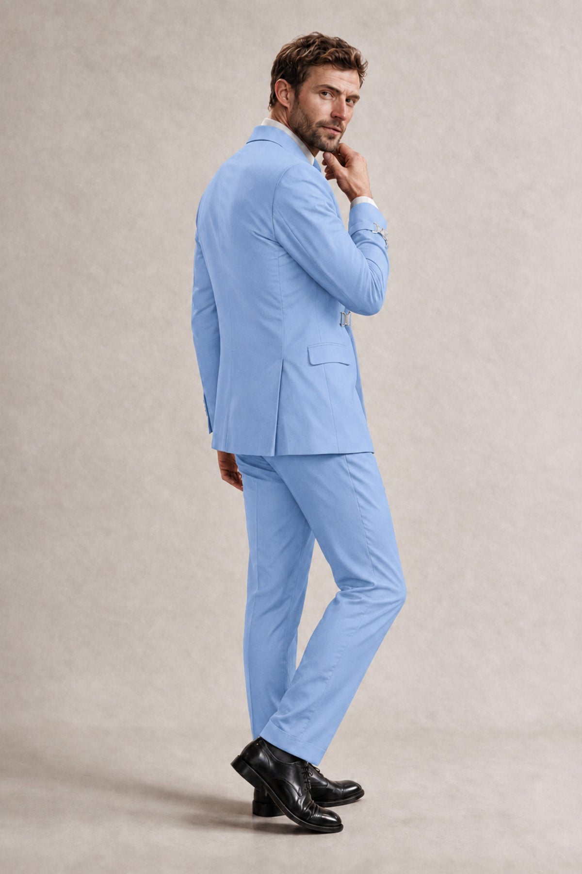 BOLODOO Men's Light Blue Double-Breasted 2-Piece Suit Set – Blazer & Tailored Trousers - Light Blue