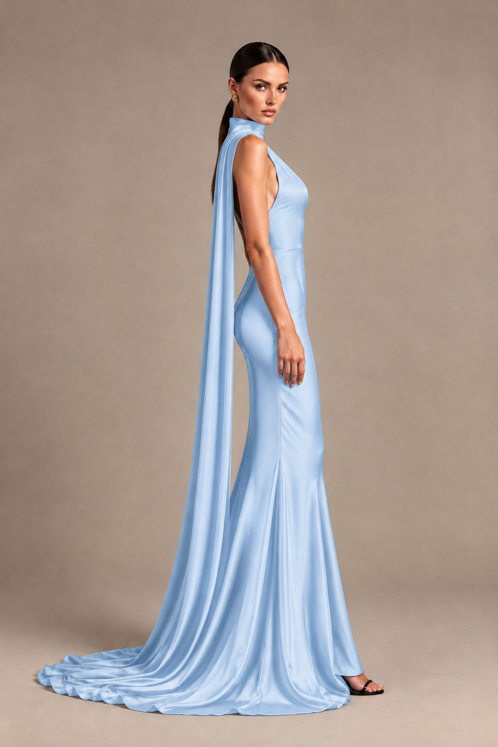 BOLODOO Light Blue One-Shoulder Satin Mermaid Evening Dress with Scarf - Light Blue - Light Blue_3