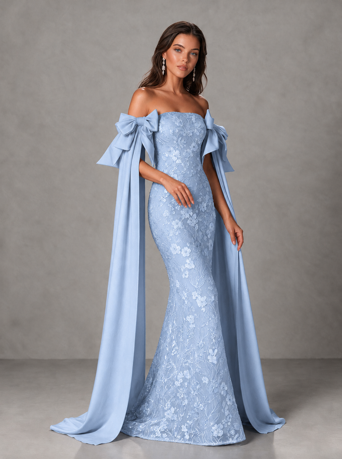 BOLODOO Light Blue Floral Lace Mermaid Prom Dress with Off-Shoulder Bows - Light Blue - Light Blue(3)