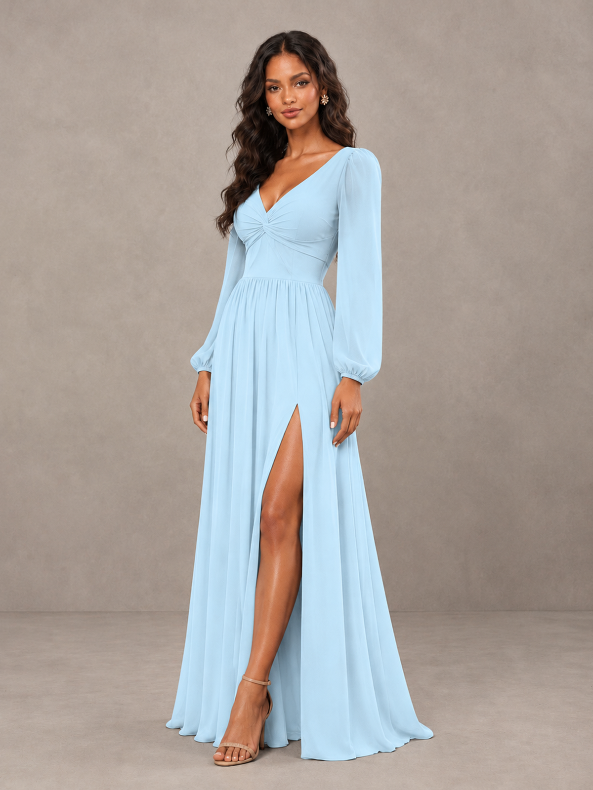 BOLODOO Light Blue V-Neck Long Sleeve Bridesmaid Dress with Tie Back and Slit - Light Blue - Light Blue_3