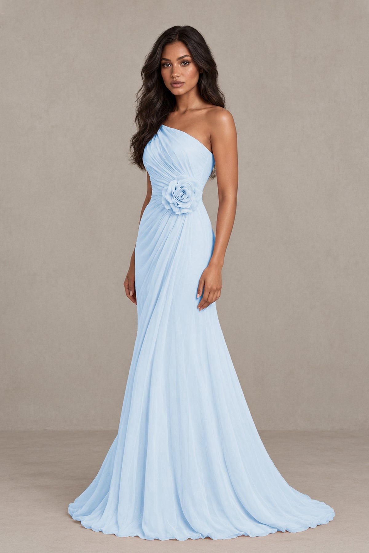 BOLODOO Light Blue One-Shoulder Floral Ruched Maxi Dress - Light Blue