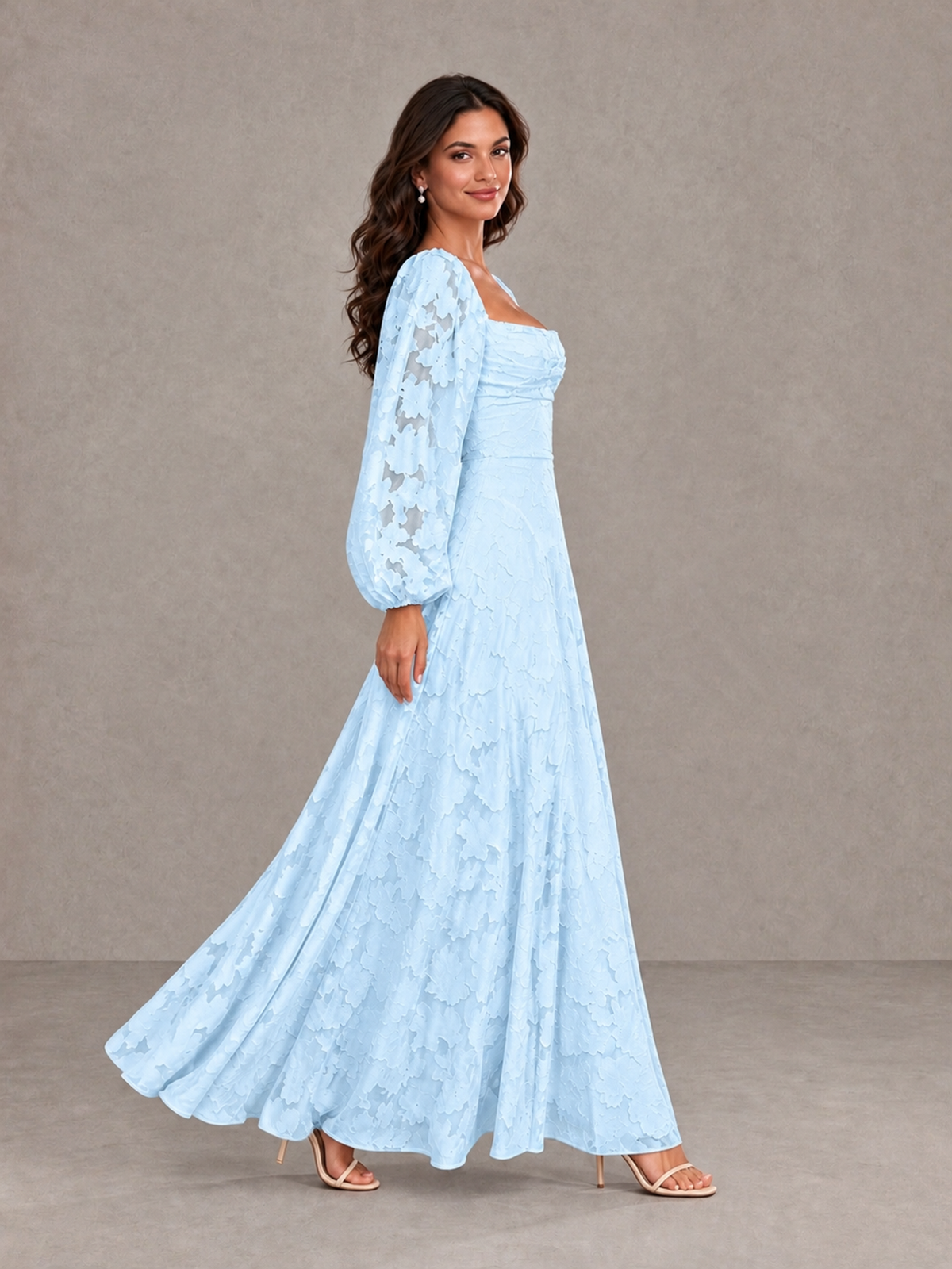 BOLODOO Light Blue Floral Long Sleeve A-Line Bridesmaid Dress - Light Blue - Light Blue_3