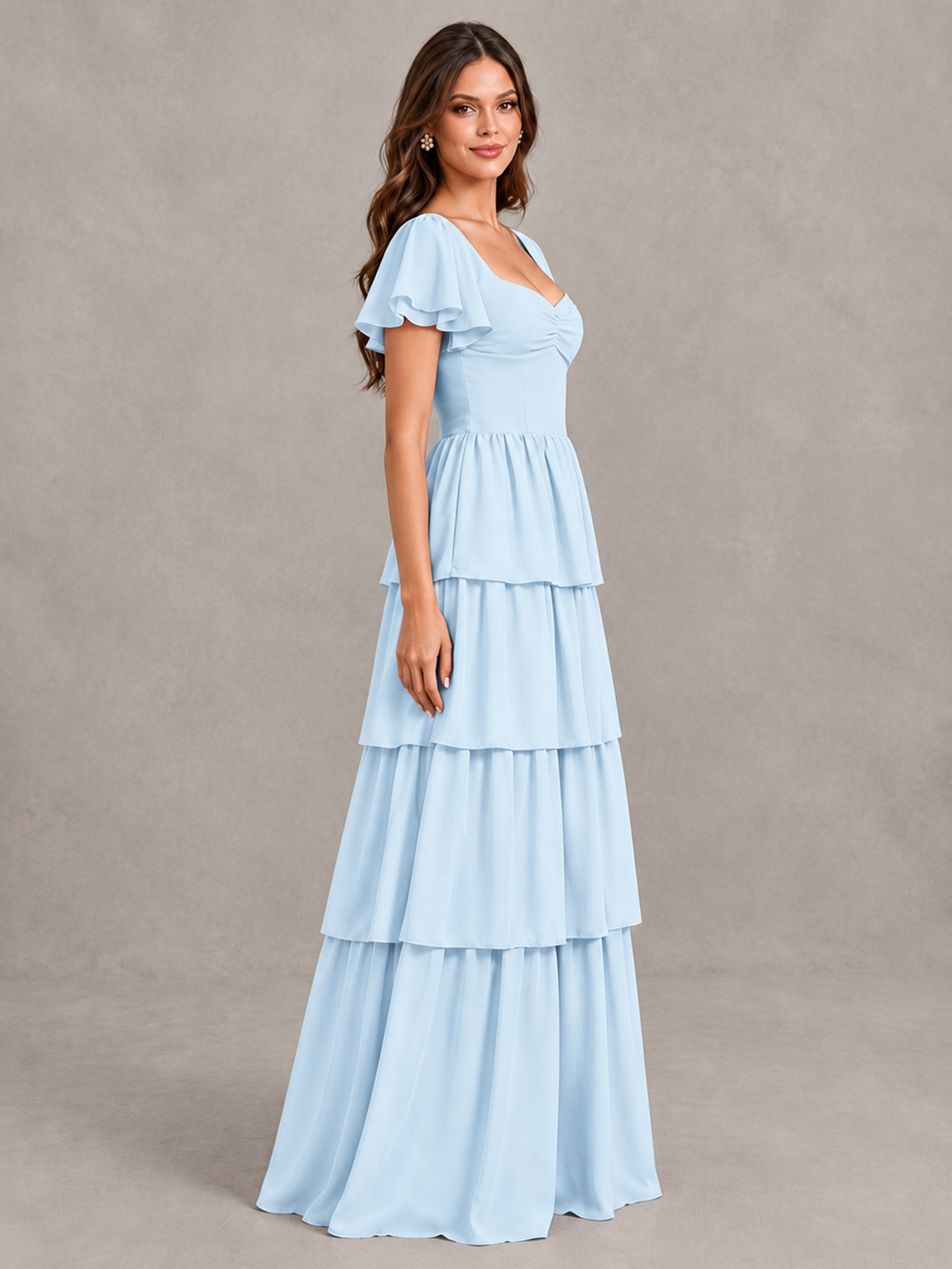 BOLODOO Light Blue Flutter Sleeve Tiered Maxi Bridesmaid Dress - Light Blue - Light Blue_3