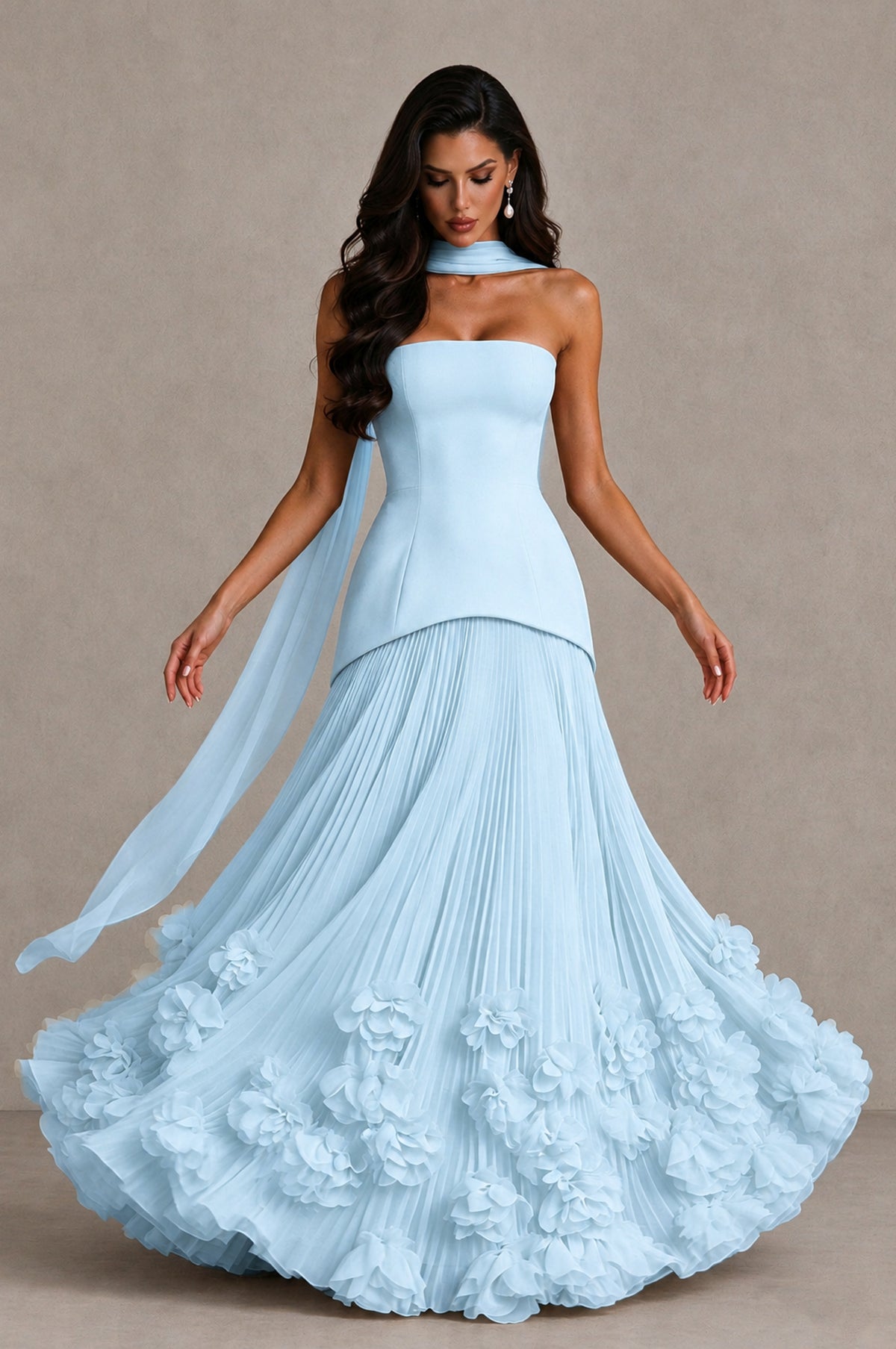 BOLODOO Light Blue Strapless Pleated Floral Hem Evening Gown - Light Blue - Light Blue_3