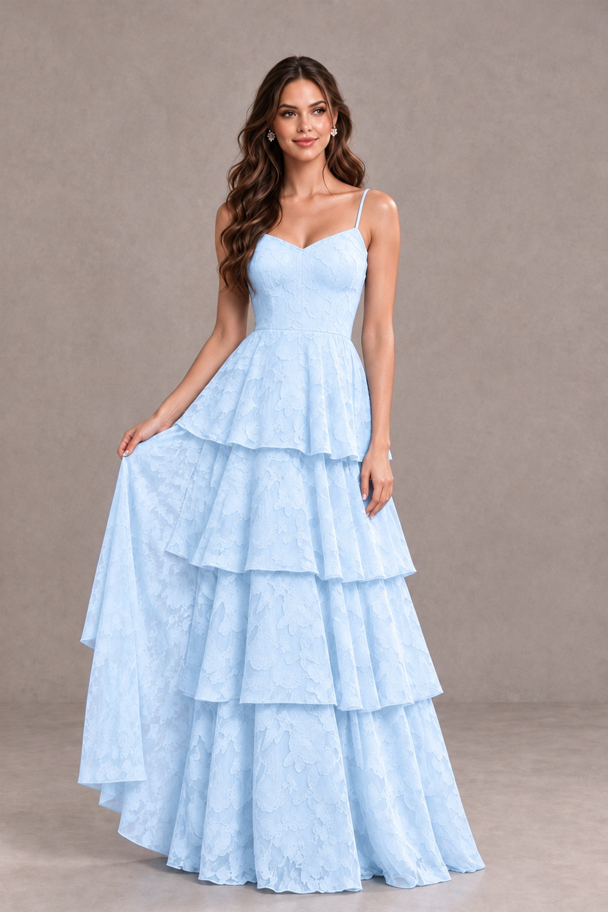 BOLODOO Light Blue Tiered Floral-Textured Spaghetti Strap Maxi Dress - Light Blue - Light Blue_3