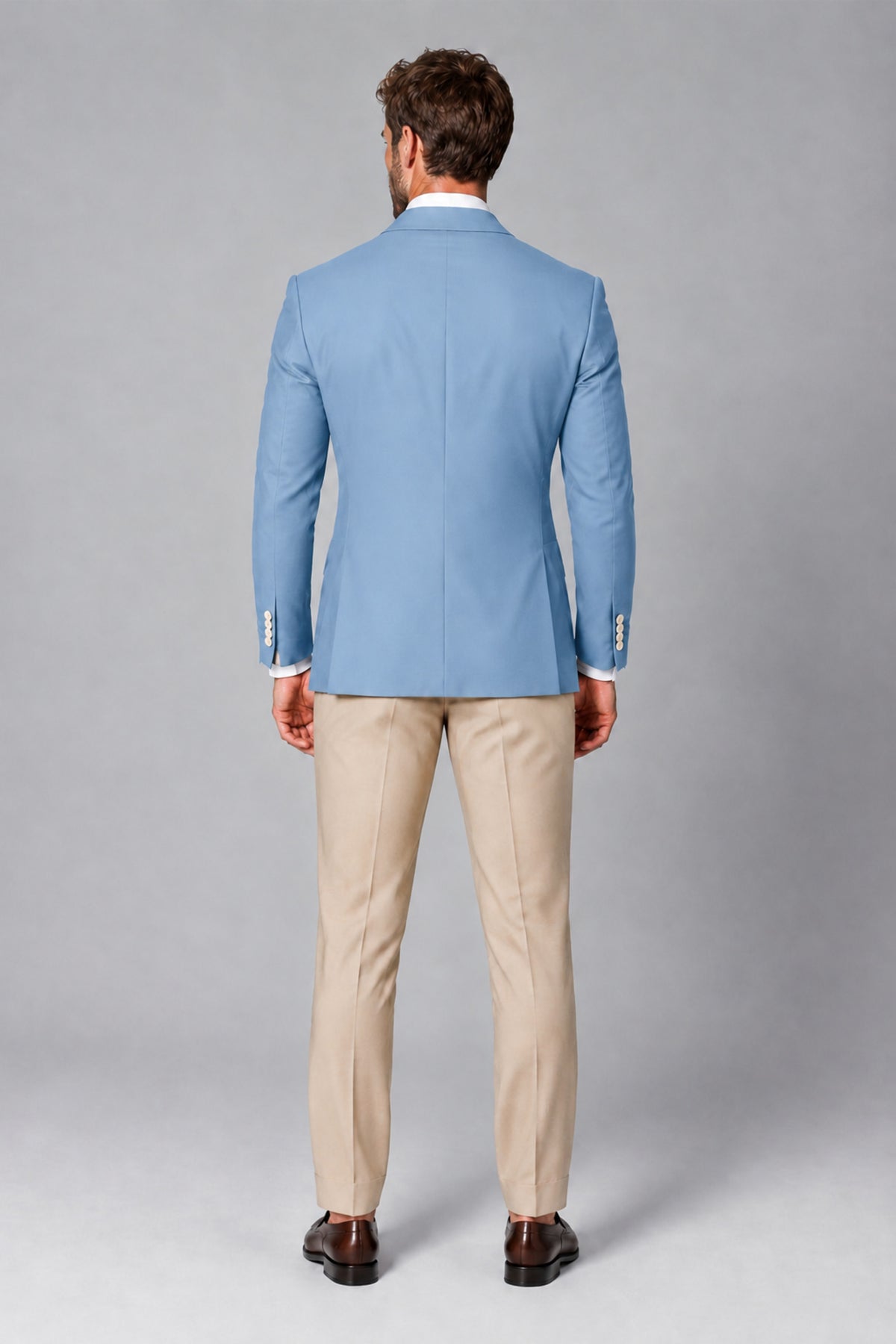 BOLODOO Men's Light Blue Double-Breasted Blazer & Khaki Trousers Tuxedo 2-Piece Suit Set - Light Blue - Light Blue_3