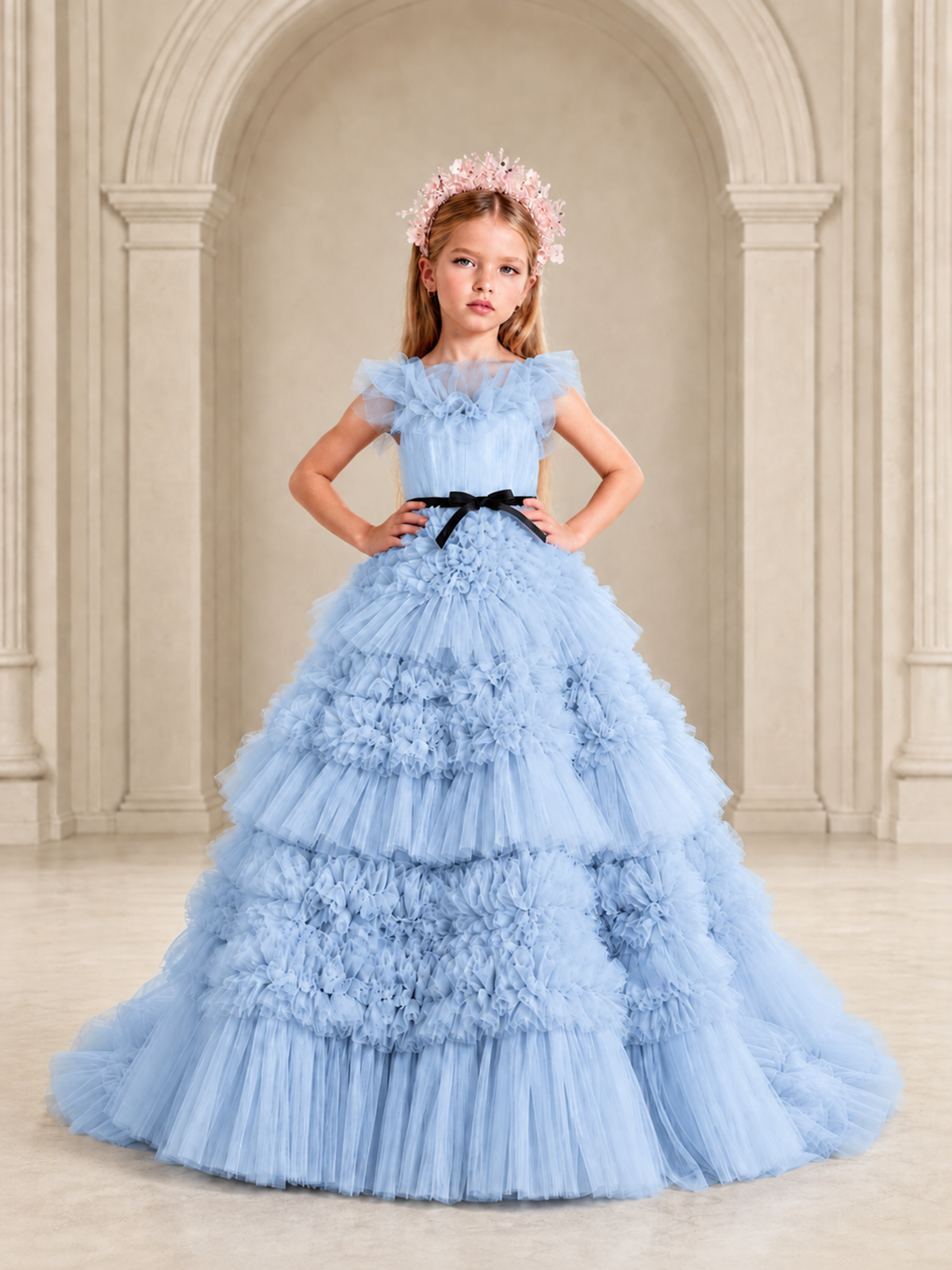 BOLODOO Light Blue Tiered Tulle Flower Girl Dress with Floral Appliques - Light Blue - Light Blue_3