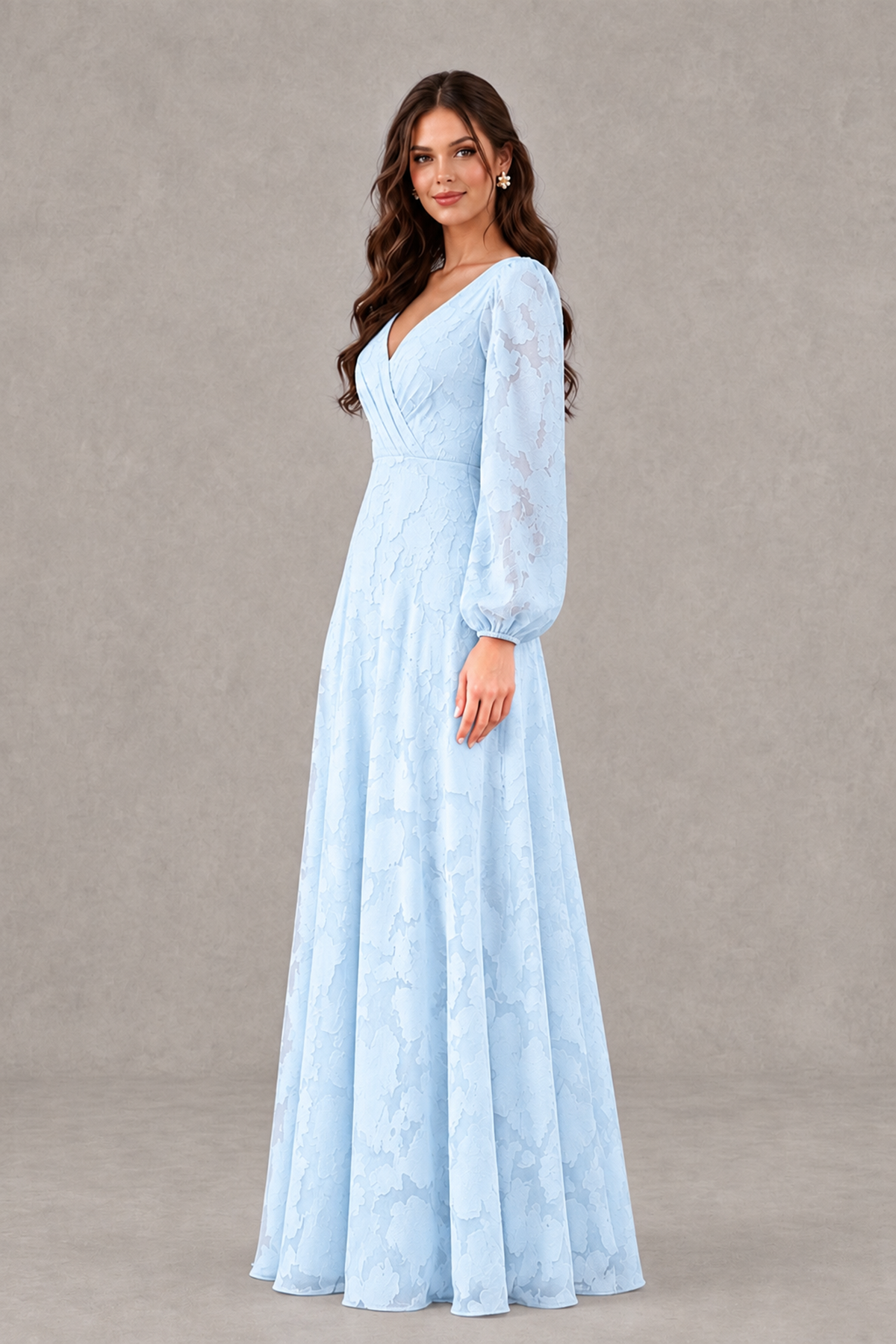 BOLODOO Light Blue Long Sleeve V-Neck A-Line Mother of the Bride Dress - Light Blue - Light Blue_3