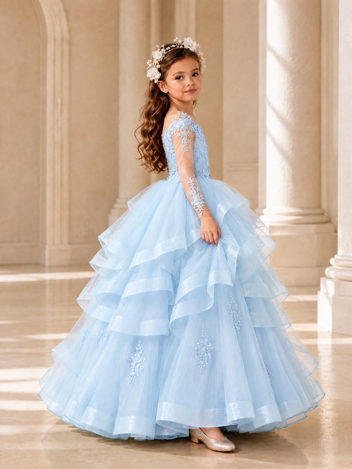 BOLODOO Light Blue Lace Long Sleeve Tiered Flower Girl Dress - Light Blue - Light_Blue_3