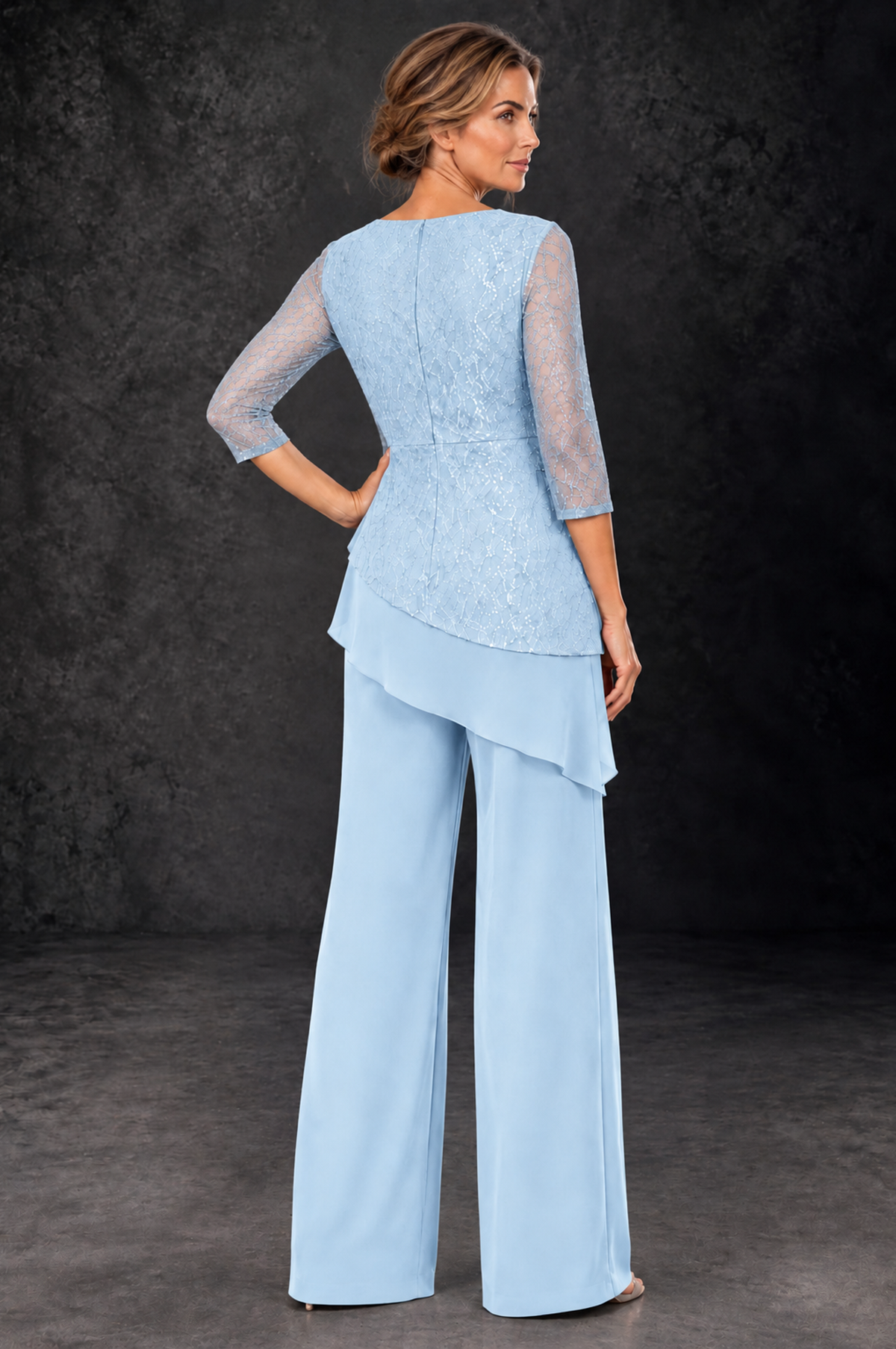BOLODOO Light Blue Sequin Lace 3/4 Sleeve Chiffon Mother of the Bride Pant Suit - Light Blue - Light_Blue_3