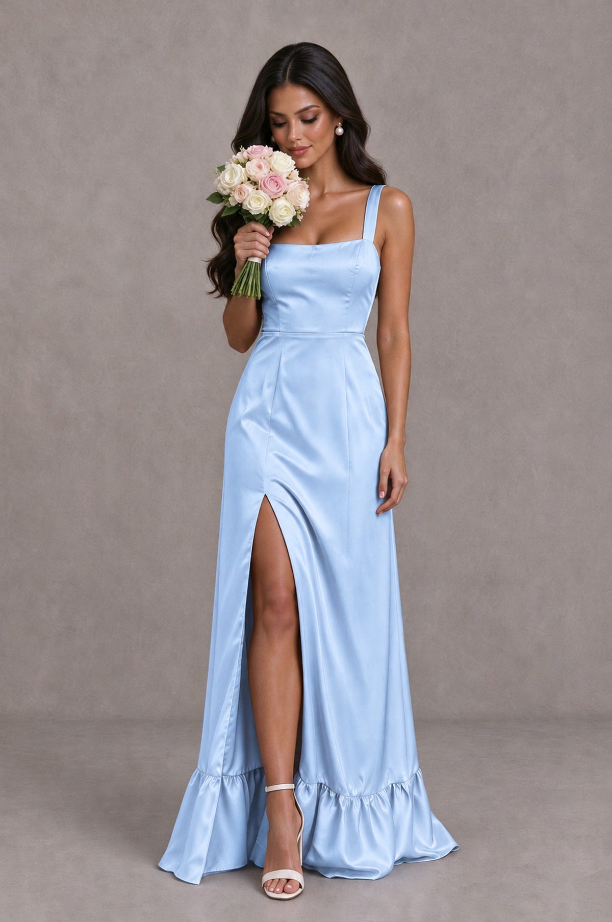 BOLODOO Light Blue Square Neck Satin Evening Dress with Lace-Up Back and High Slit - Light Blue - Light Blue_3