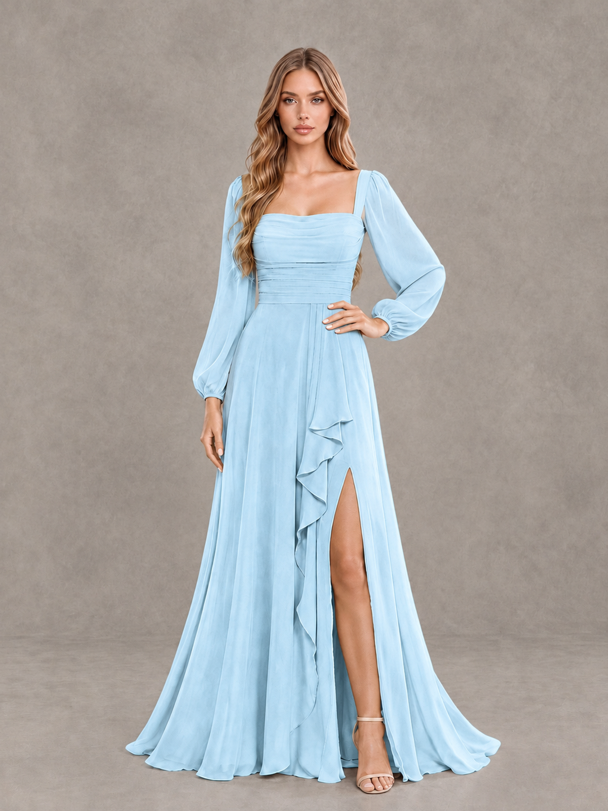 BOLODOO Light Blue Square Neck Long Sleeve Bridesmaid Dress with Ruffle Slit - Light Blue - Light Blue_3