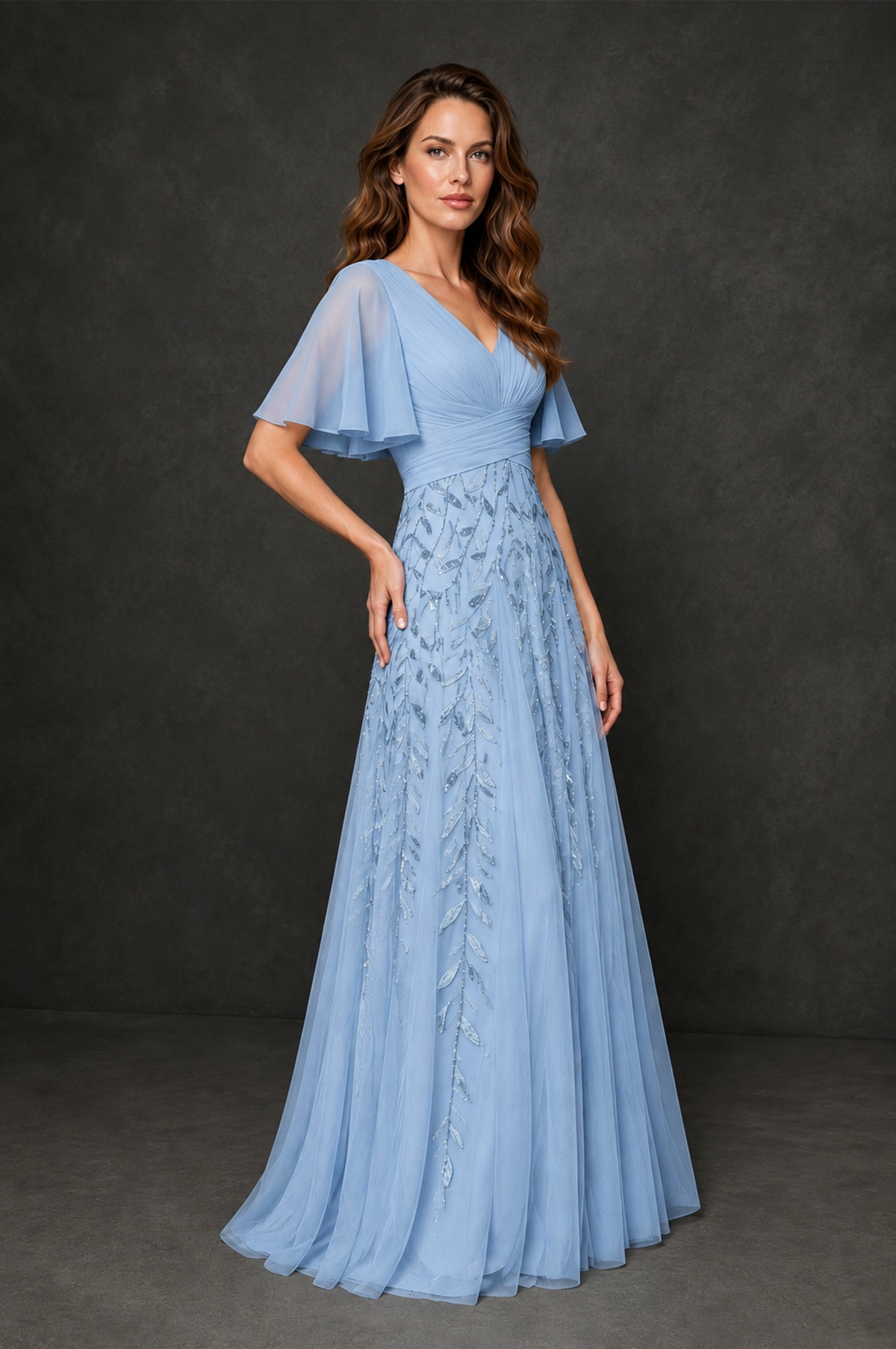 BOLODOO Light Blue V-Neck Flutter Sleeve Beaded Botanical Tulle A-Line Gown | Mother of the Bride Evening Dress - Light Blue - Light Blue_3
