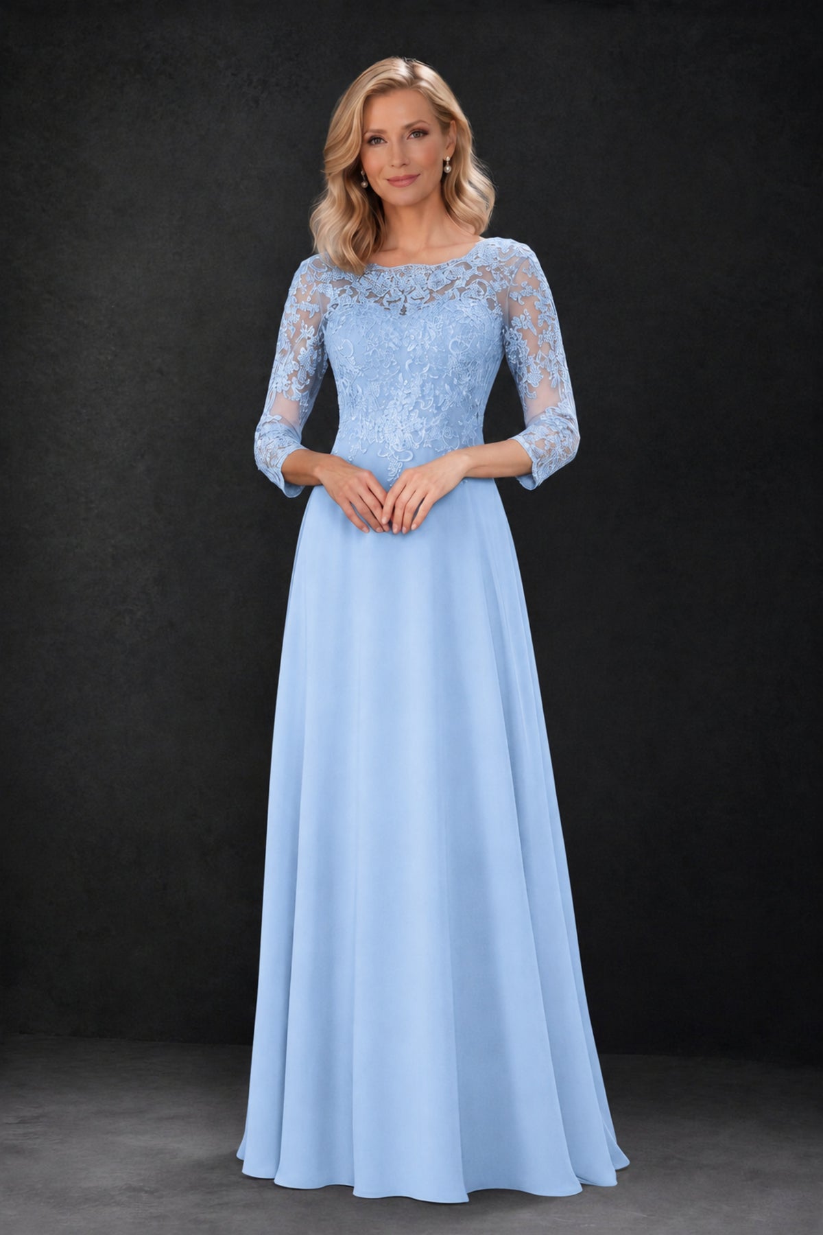 BOLODOO Light Blue Lace Embroidered Mother of the Bride Dress with 3/4 Sleeves - Light Blue