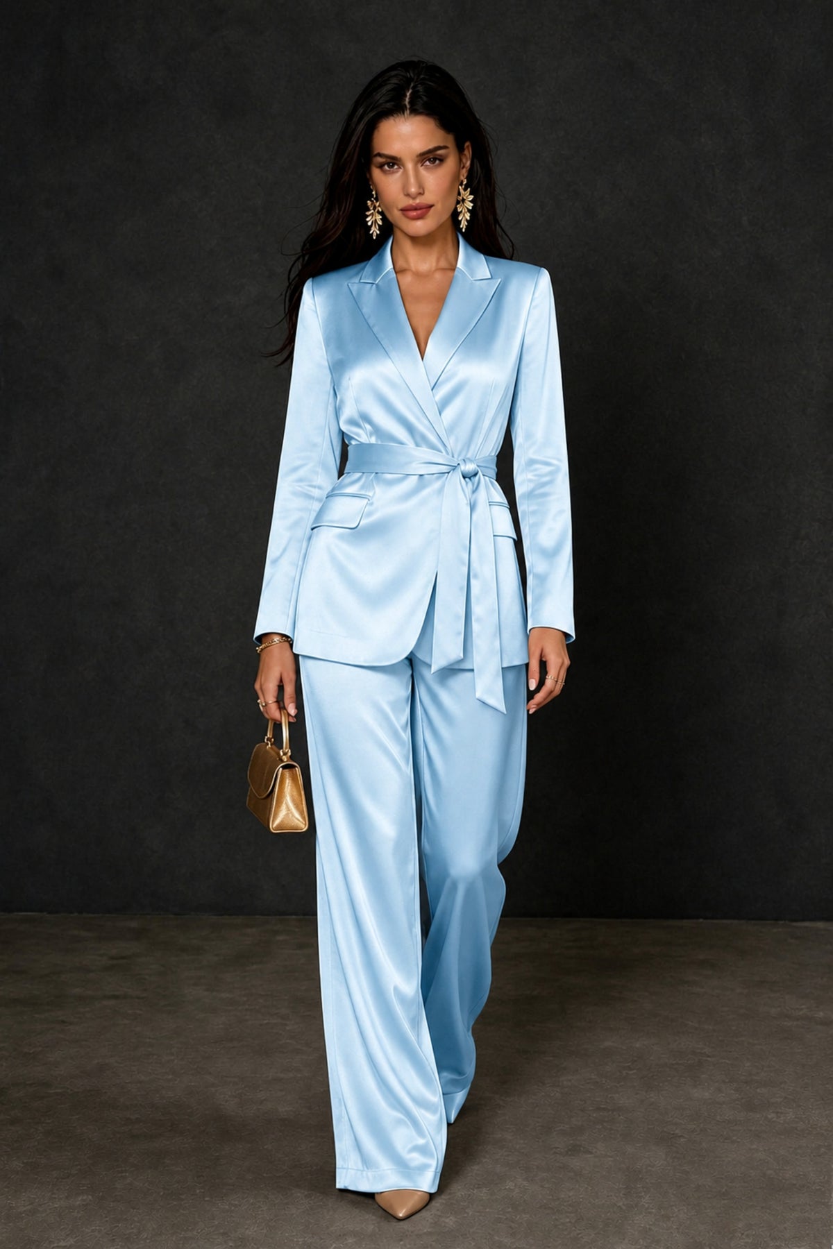 BOLODOO Light Blue Satin Wrap Blazer Wide-Leg Pants Two-Piece Suit Set – Evening Gala Wedding Guest - Light Blue