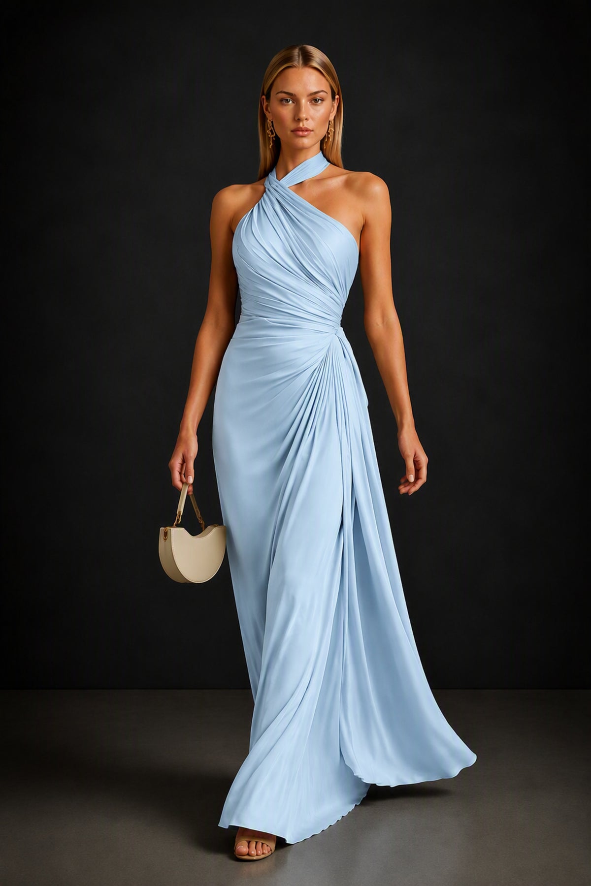 BOLODOO Light Blue Twisted Halter Neck Ruched Sleeveless Open Back Floor-Length Gown - Light Blue