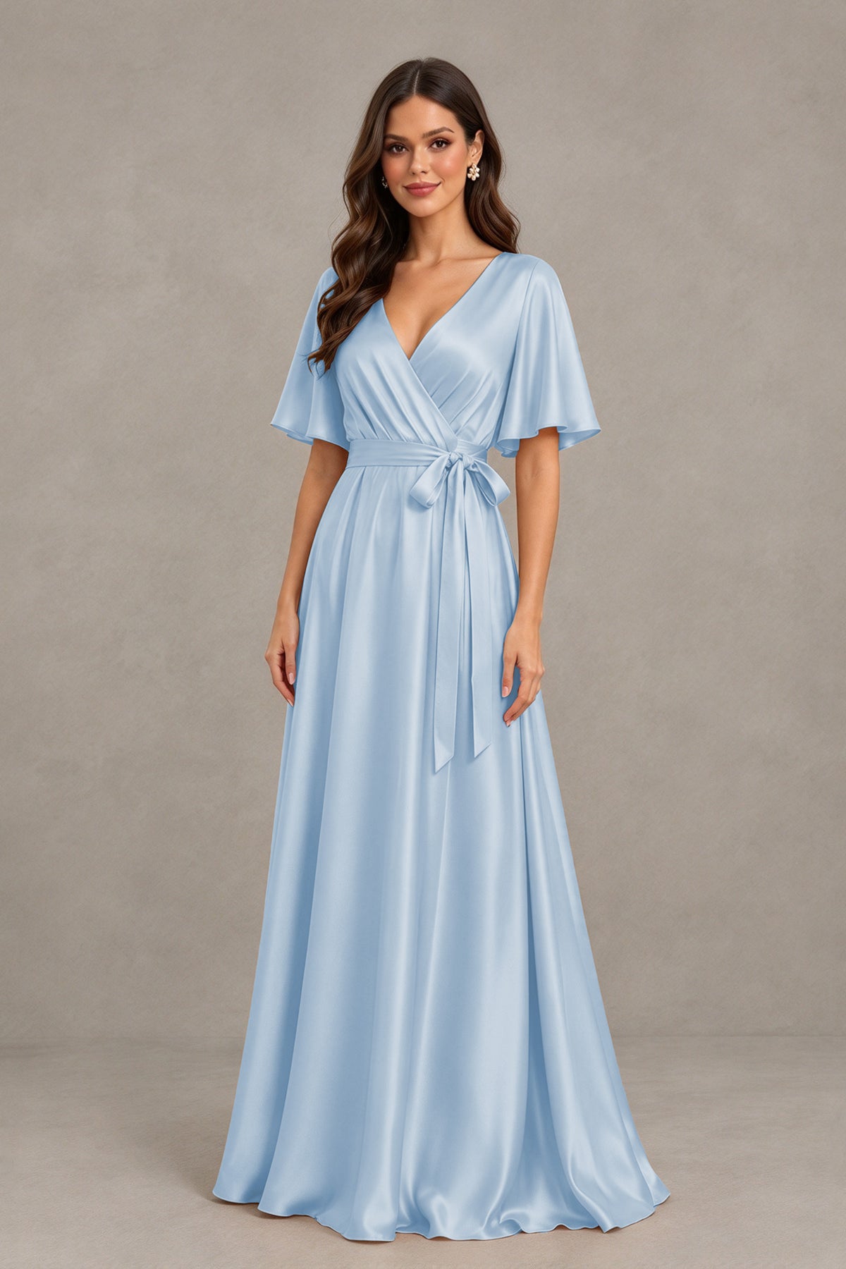 BOLODOO Light Blue Satin V-Neck Flutter Sleeve Bridesmaid Dress with Slit - Light Blue - Light Blue(3)