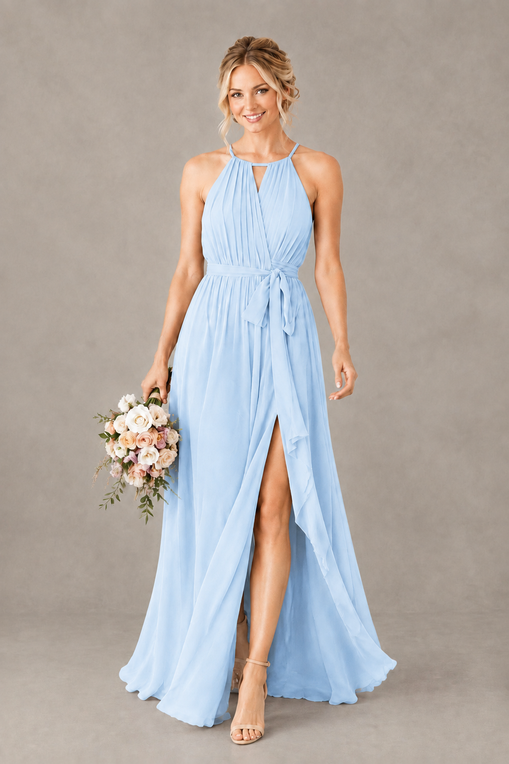 BOLODOO Light Blue Halter Chiffon Bridesmaid Dress with High Slit - Light Blue