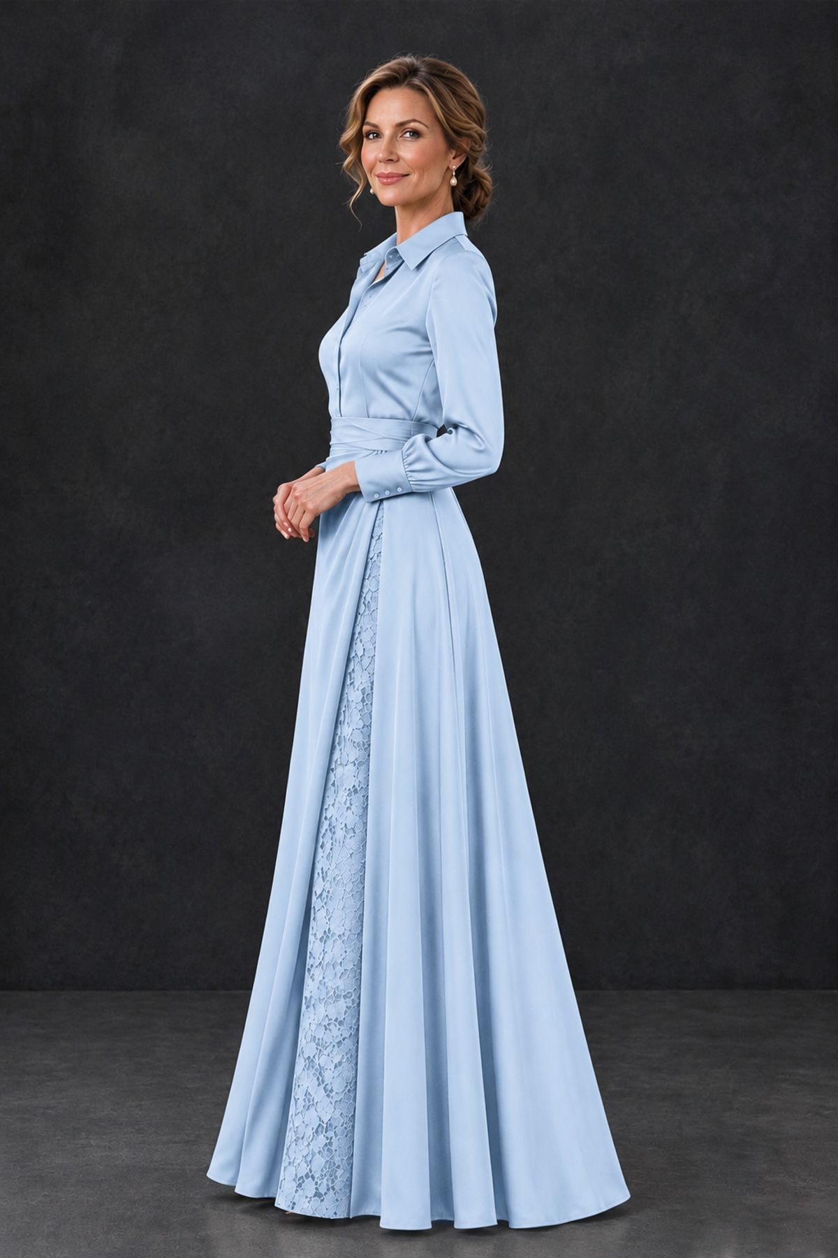 BOLODOO Light Blue Long Sleeve Satin-Look Lace Panel Gown - Light Blue - Light Blue_3