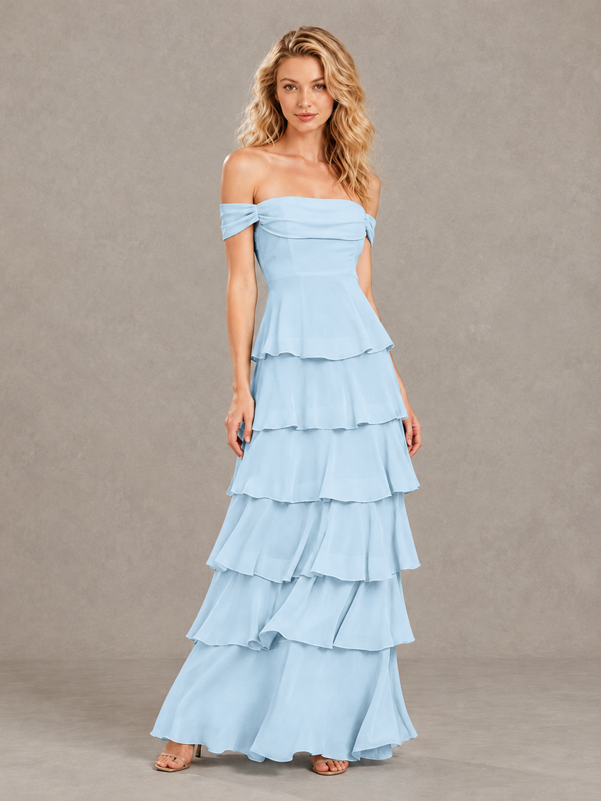 BOLODOO Light Blue Off-Shoulder Tiered Ruffle Bridesmaid Dress with Lace-Up Back - Light Blue - Light Blue_3