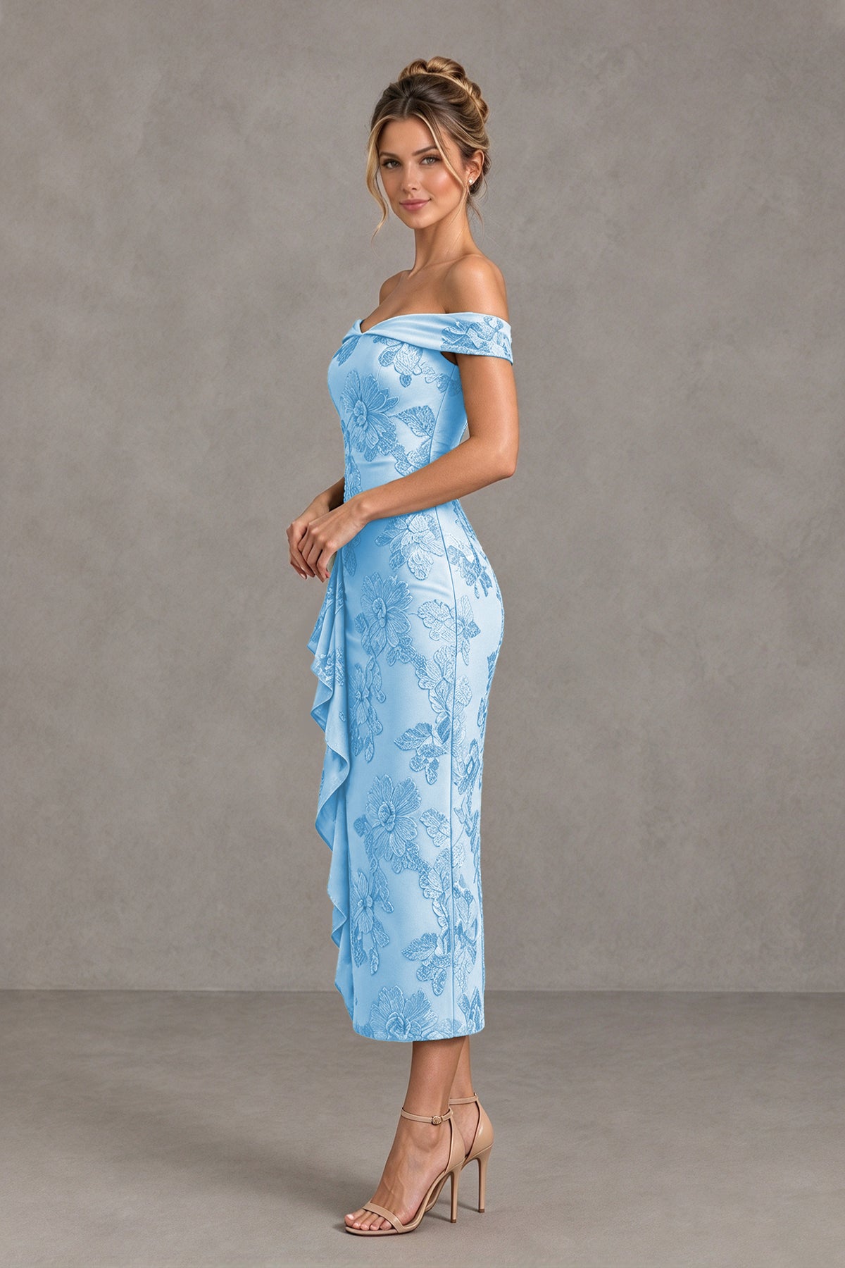 BOLODOO Light Blue Off Shoulder Floral Jacquard Midi Dress - Light Blue - Light Blue(3)