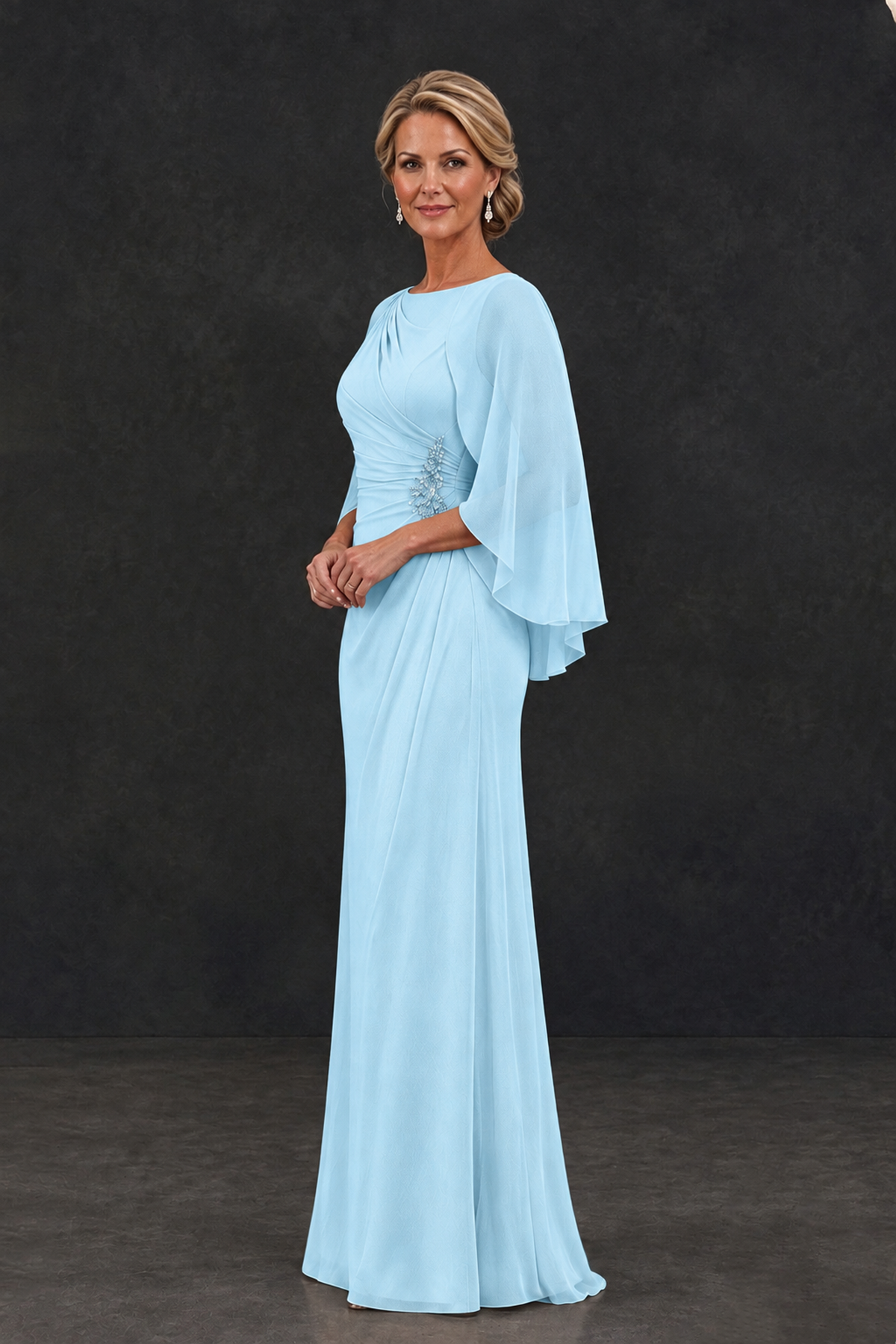 BOLODOO Light Blue Cape Sleeve Mother of the Bride Dress with Ruched Waist - Light Blue - Light Blue_3