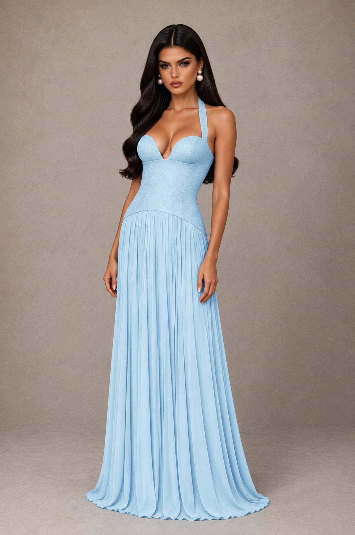 BOLODOO Light Blue Halter Corset Pleated A-Line Evening Dress - Light Blue - Light Blue_3