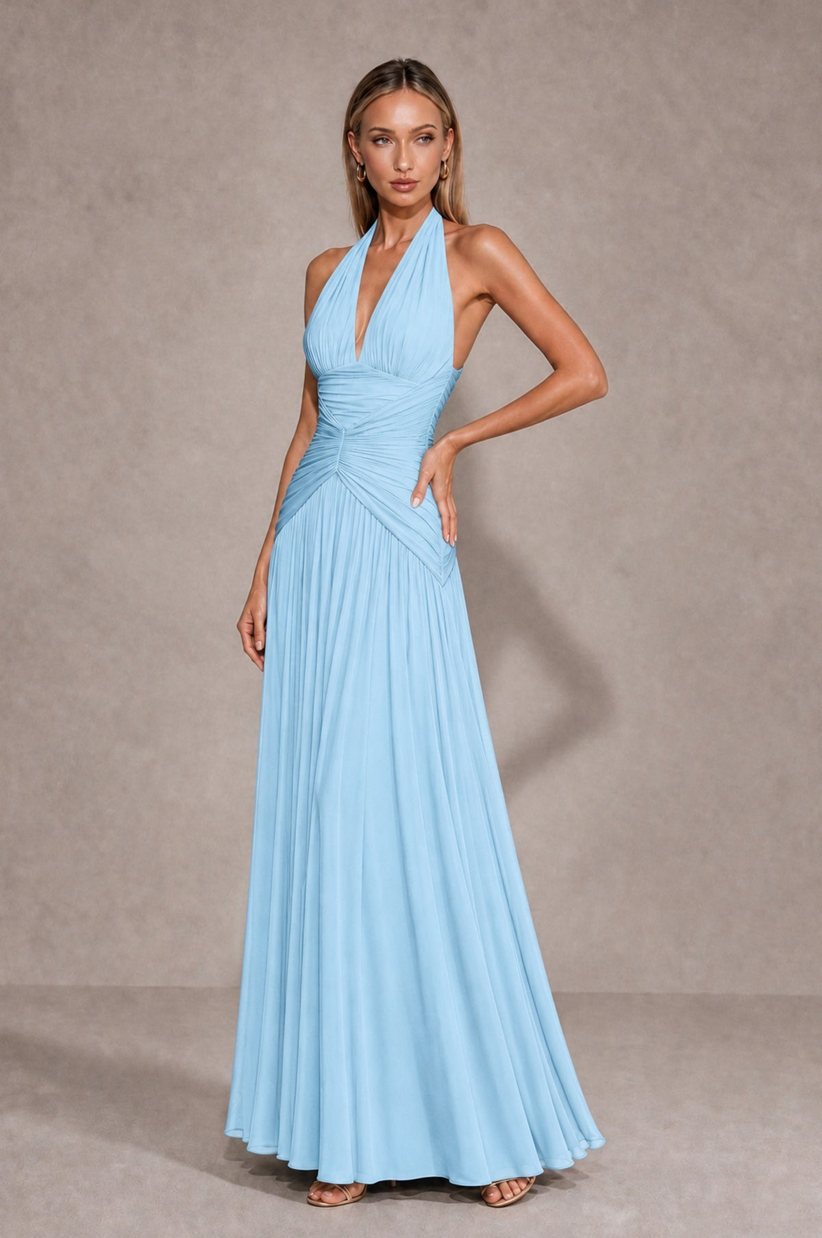 BOLODOO Light Blue Chiffon Halter Deep V-Neck Ruched A-Line Backless Maxi Dress with Train-BD0167 - Light Blue - Light Blue_3