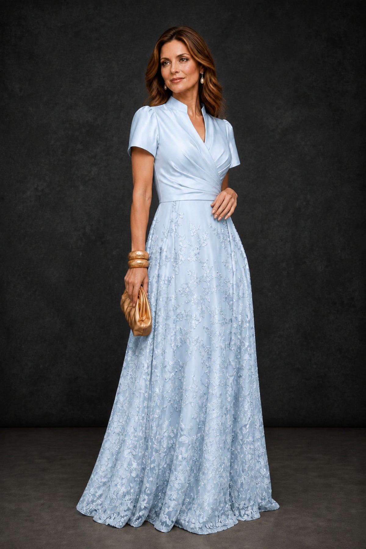 BOLODOO Light Blue Satin Wrap V-Neck Short Sleeve Lace Glitter A-Line Floor Length Evening Gown – Formal Dress - Light Blue