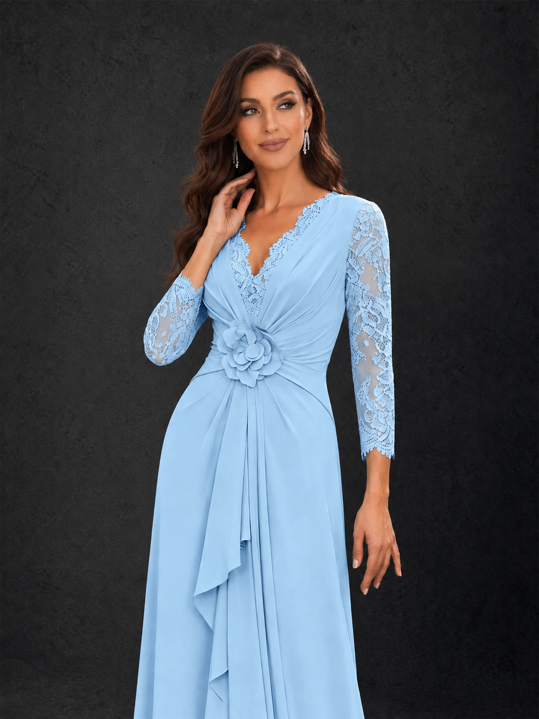 BOLODOO Light Blue Lace Sleeve V-Neck Floral Waist Chiffon A-Line Maxi Dress - Light Blue