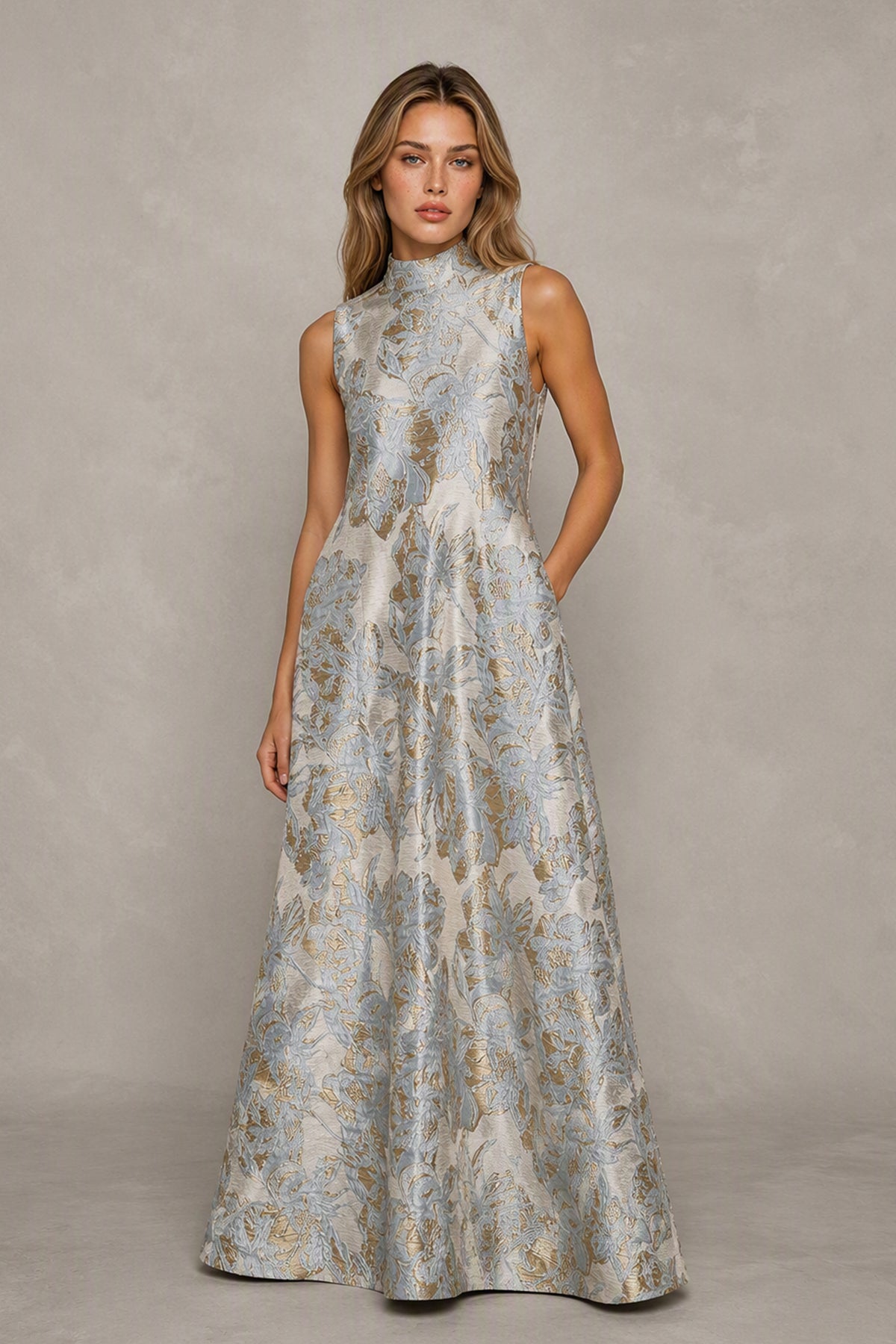 BOLODOO Light Blue Jacquard High Neck Sleeveless A-Line Maxi Dress – Wedding Guest & Formal Evening Gown - Light Blue