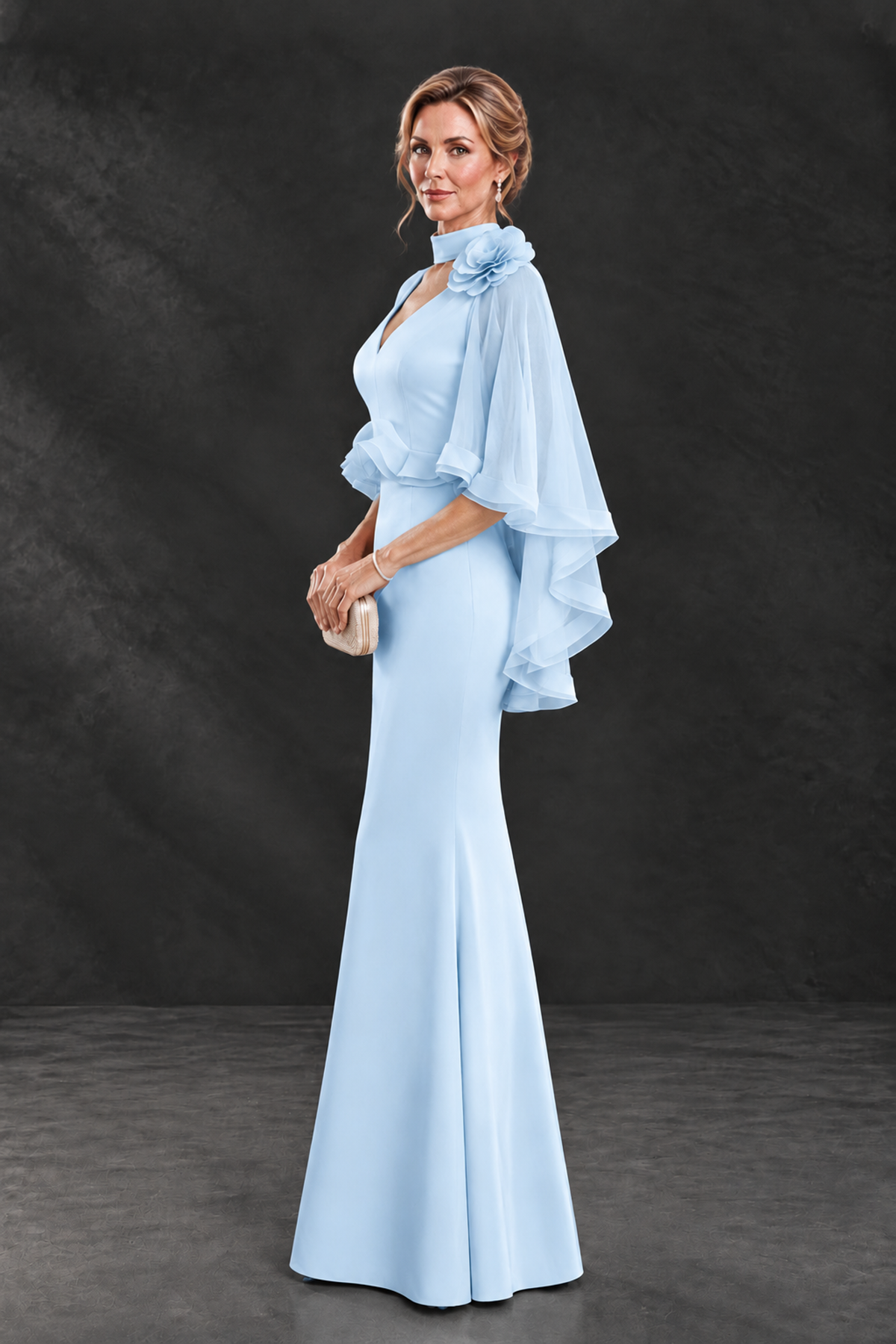 BOLODOO Light Blue Floral Cape Sleeve Mother of the Bride Dress - Light Blue - Light_Blue_3