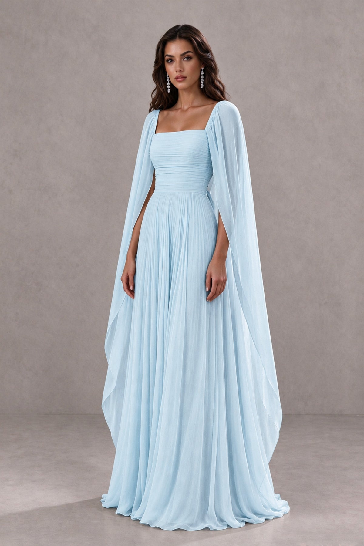 BOLODOO Light Blue Square Neck Cape Sleeve A-Line Evening Dress - Light Blue - Light_Blue_3