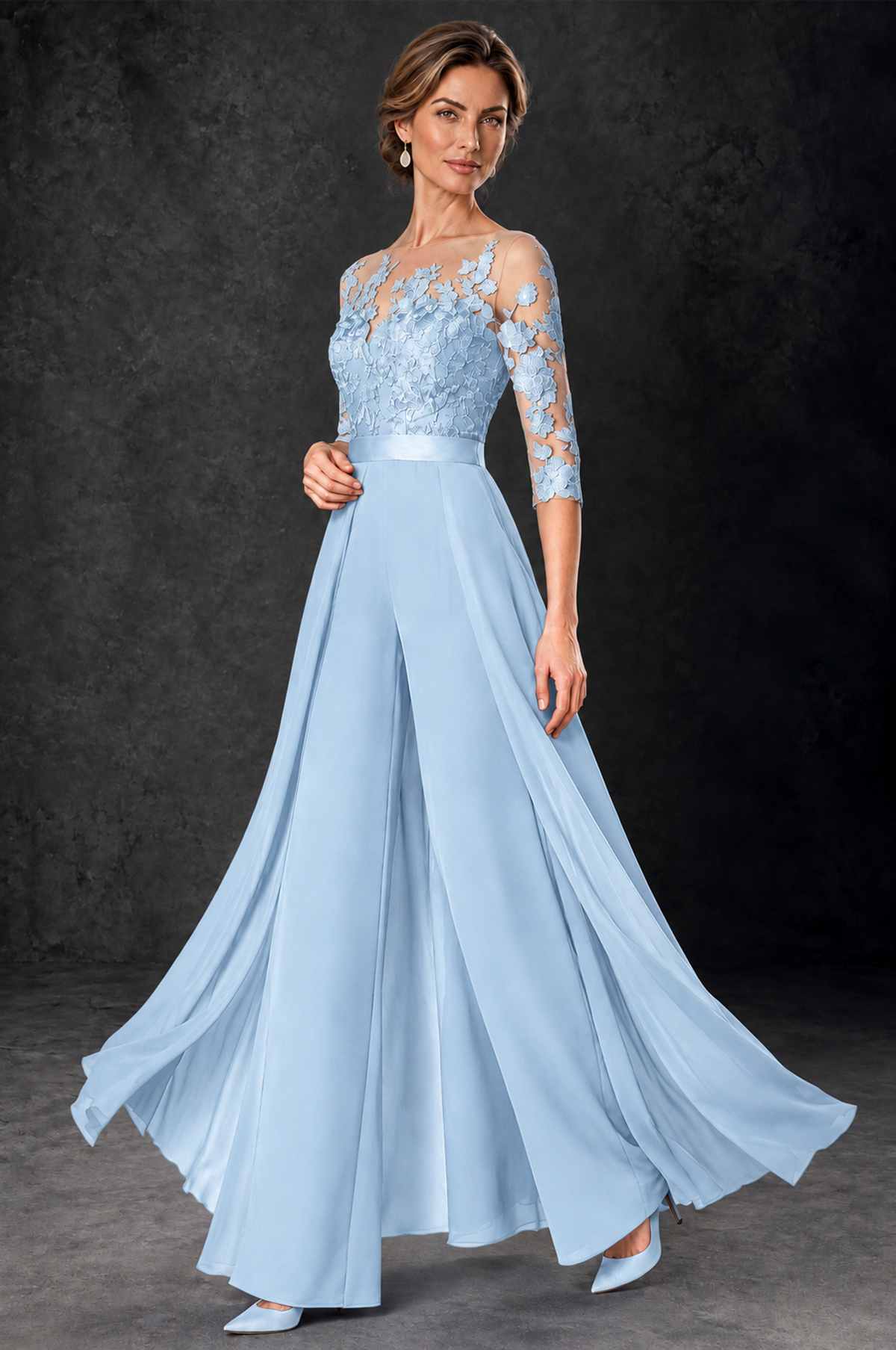 BOLODOO Light Blue Lace Wide-Leg Jumpsuit with Three-Quarter Sleeves - Light Blue - Light_Blue_3