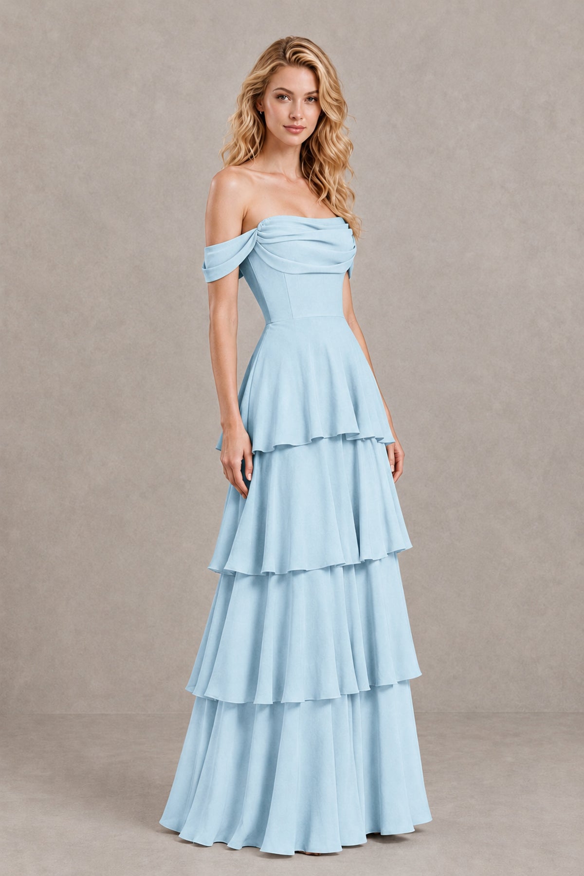 BOLODOO Light Blue Off-the-Shoulder Tiered A-Line Evening Bridesmaid Dress - Light Blue - Light Blue_3