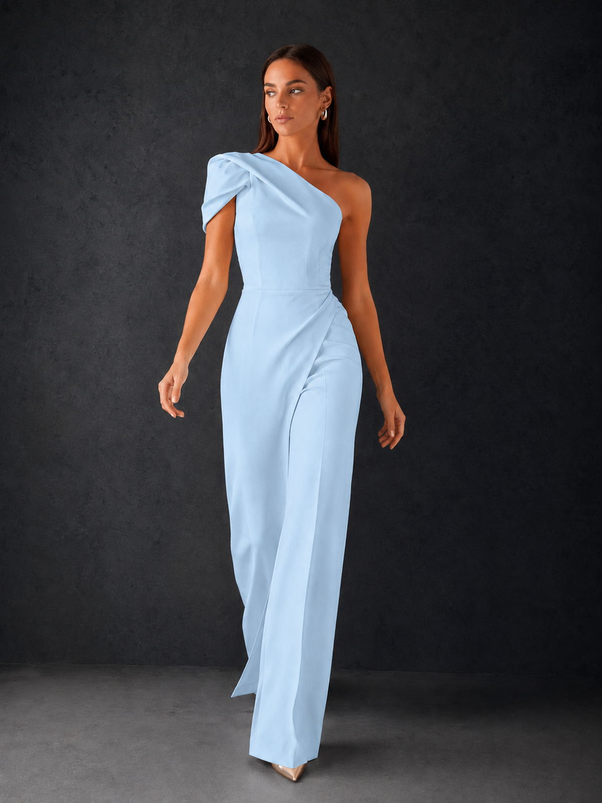BOLODOO Light Blue One-Shoulder Puff Sleeve Wide-Leg Jumpsuit with Front Slit and Open Back - Light Blue