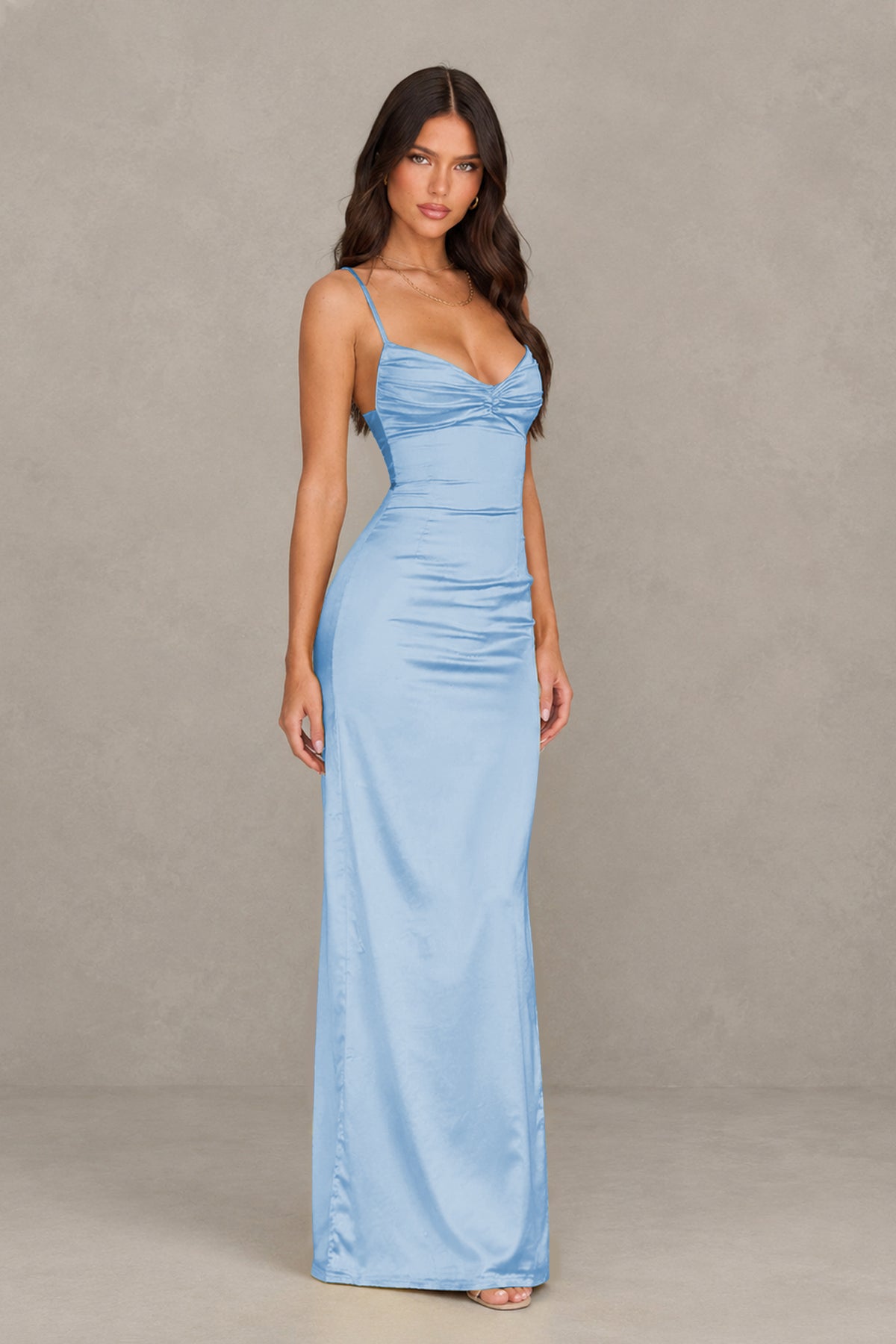 BOLODOO Light Blue Satin Cowl Neck Open Back Mermaid Maxi Dress with Side Slit - Light Blue