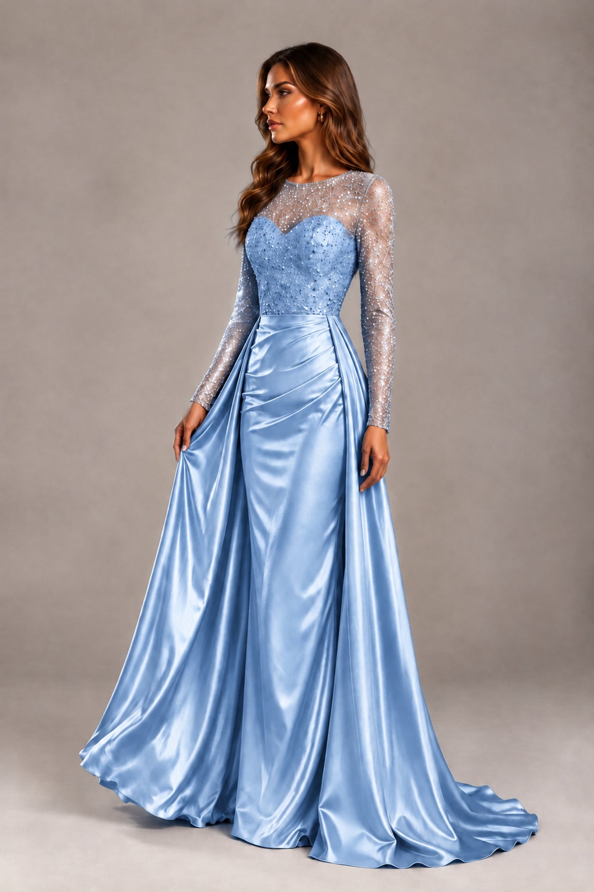 BOLODOO Light Blue Long Sleeve Embellished Satin Evening Gown with Sweep Train - Light Blue - Light Blue_3