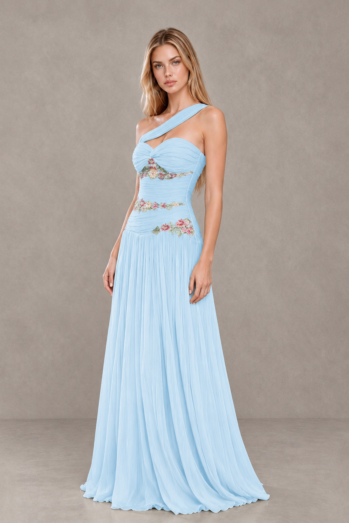 BOLODOO Light Blue One-Shoulder Floral Applique A-Line Evening Dress - Light Blue - Light Blue_3