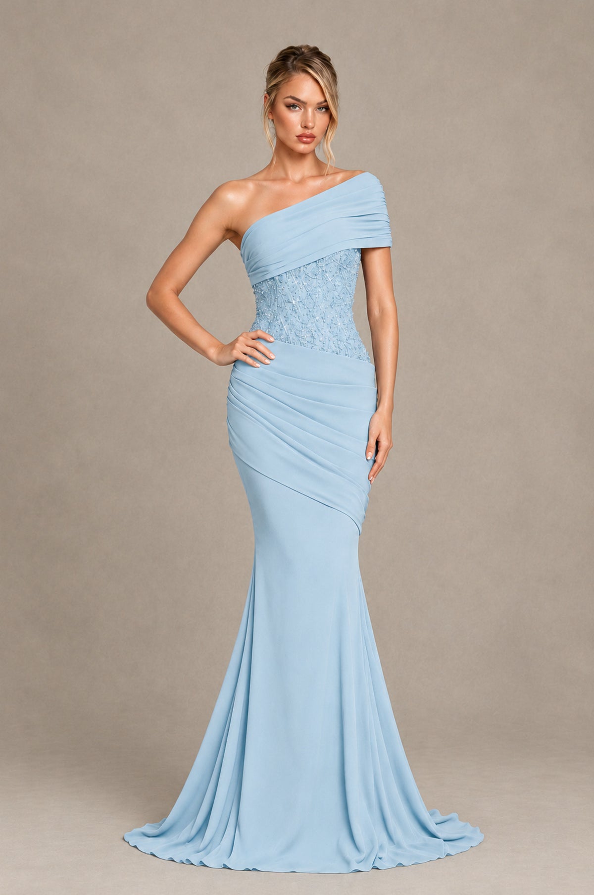 BOLODOO Light Blue One-Shoulder Sequin Embroidered Ruched Mermaid Gown with Train - Light Blue - Light Blue_3