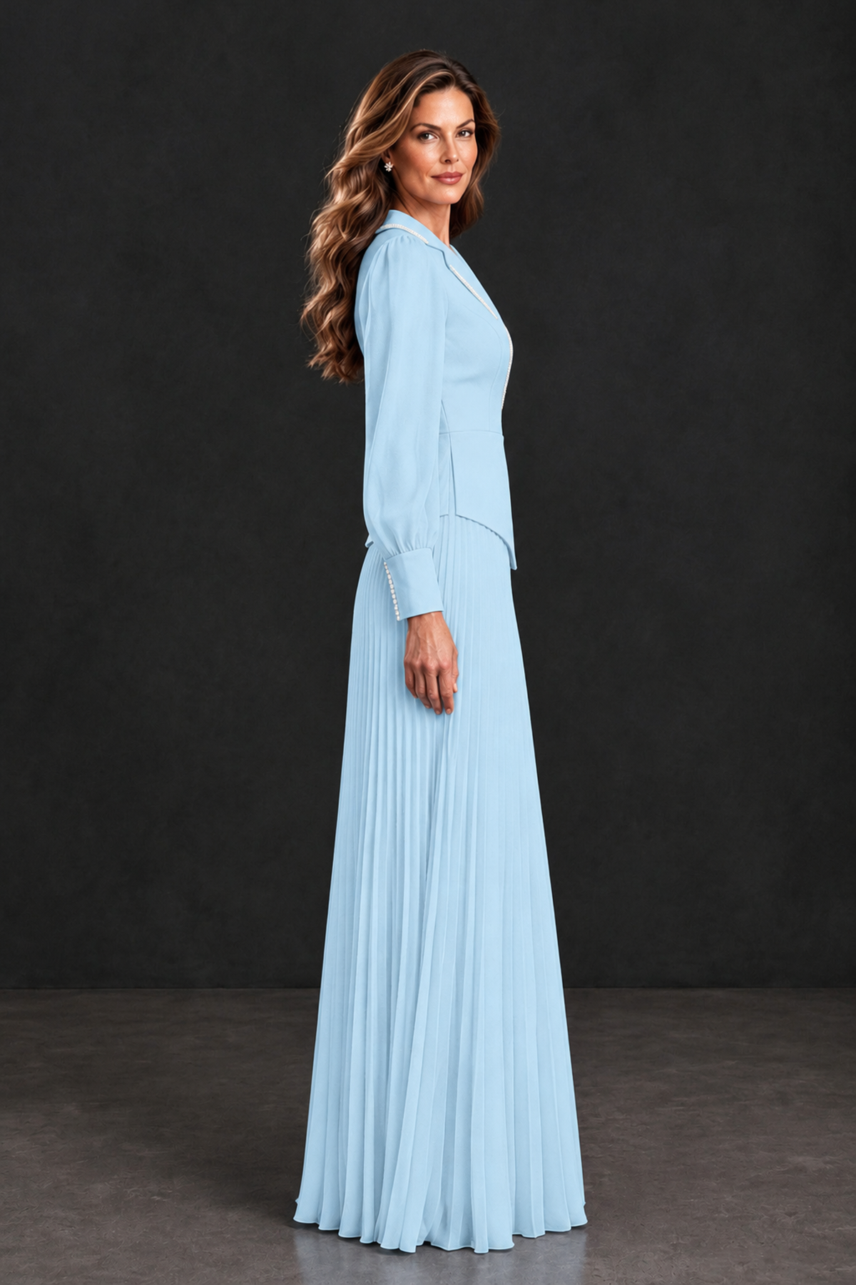 BOLODOO Light Blue Long Sleeve Pleated Mother of the Bride Dress - Light Blue - Light Blue_3