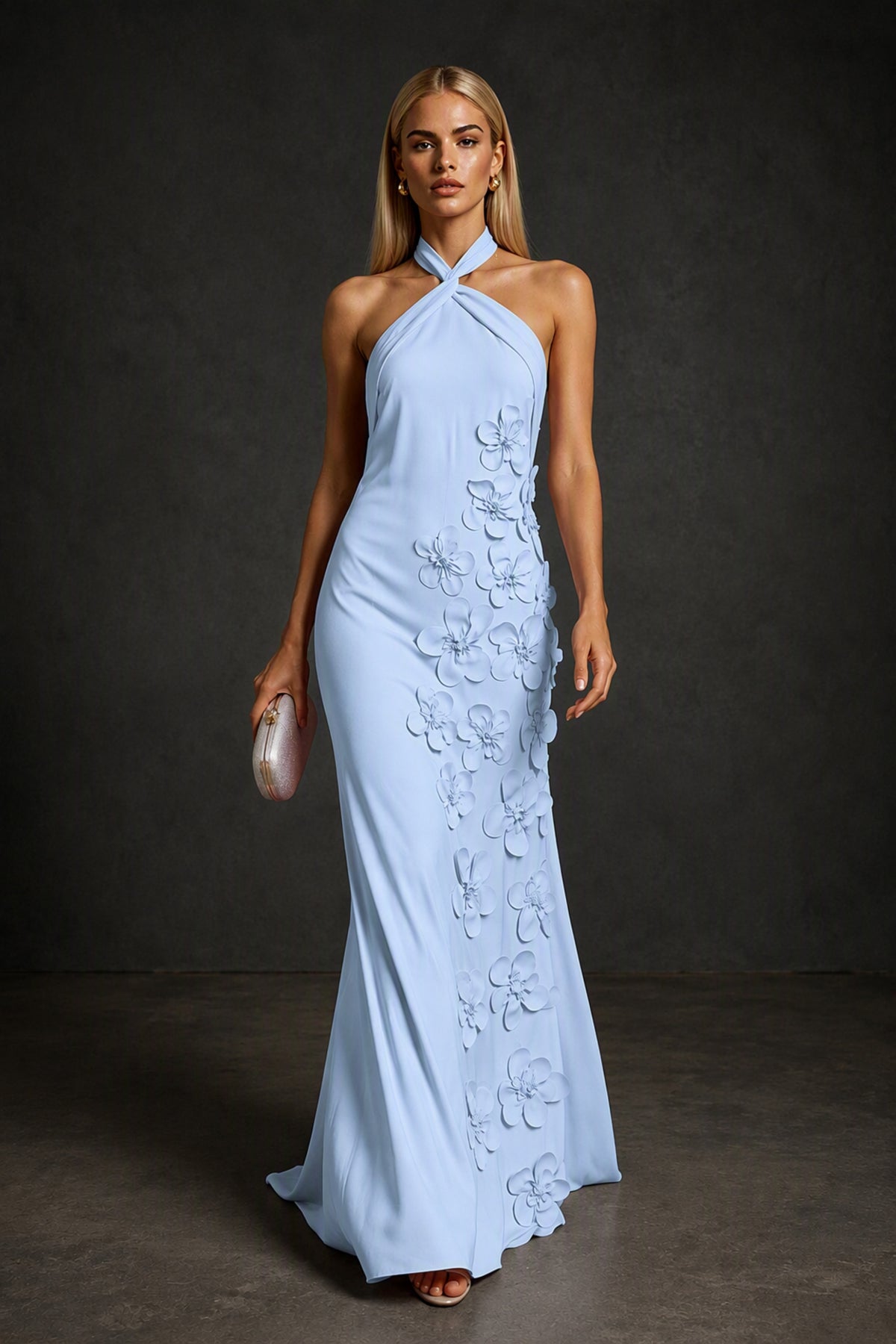 BOLODOO Light Blue Cross Halter Neck 3D Floral Appliqué Backless Mermaid Maxi Gown - Light Blue