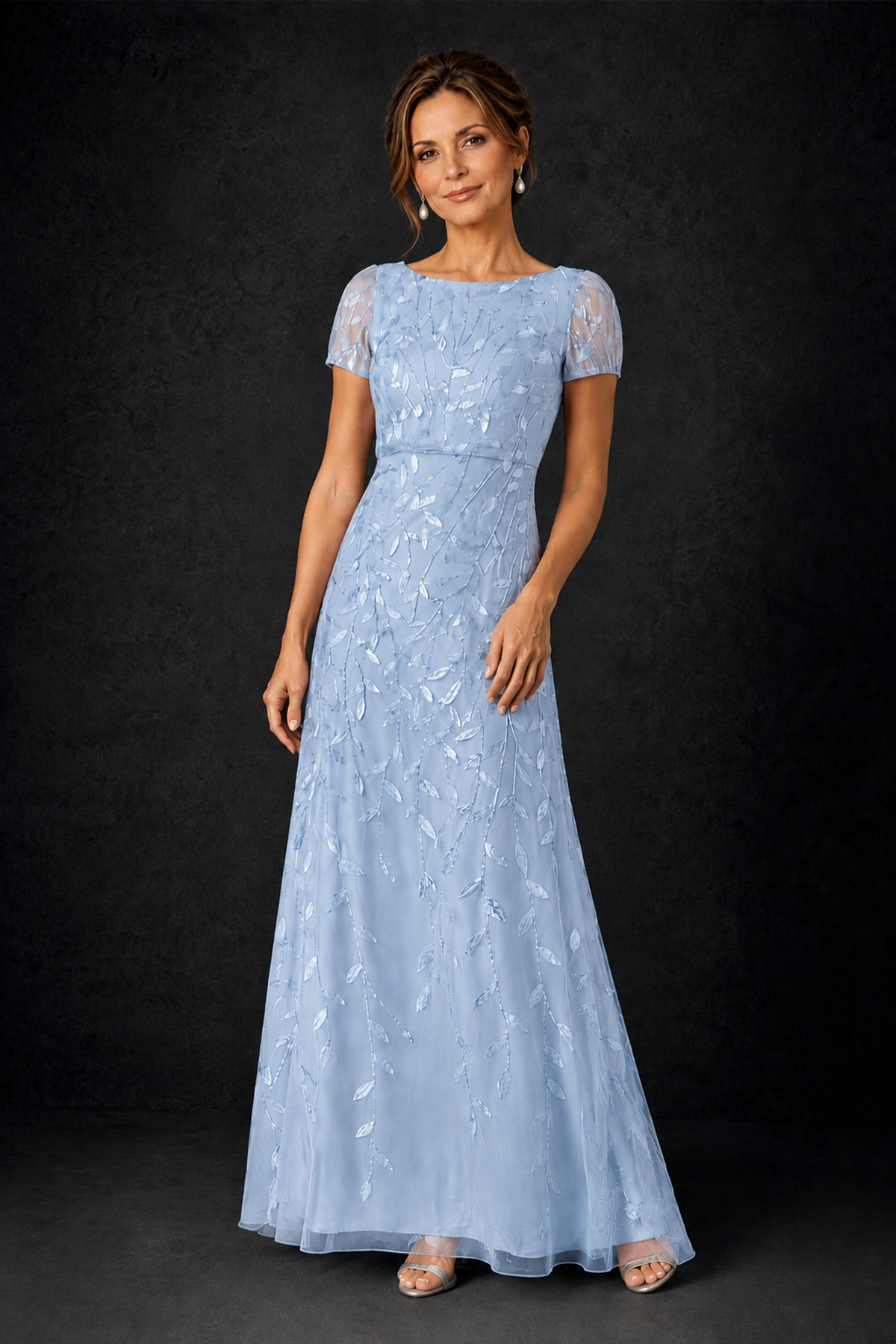 BOLODOO Light Blue Leaf Embroidered A-Line Formal Gown with Cap Sleeves - Light Blue - Light_Blue_3