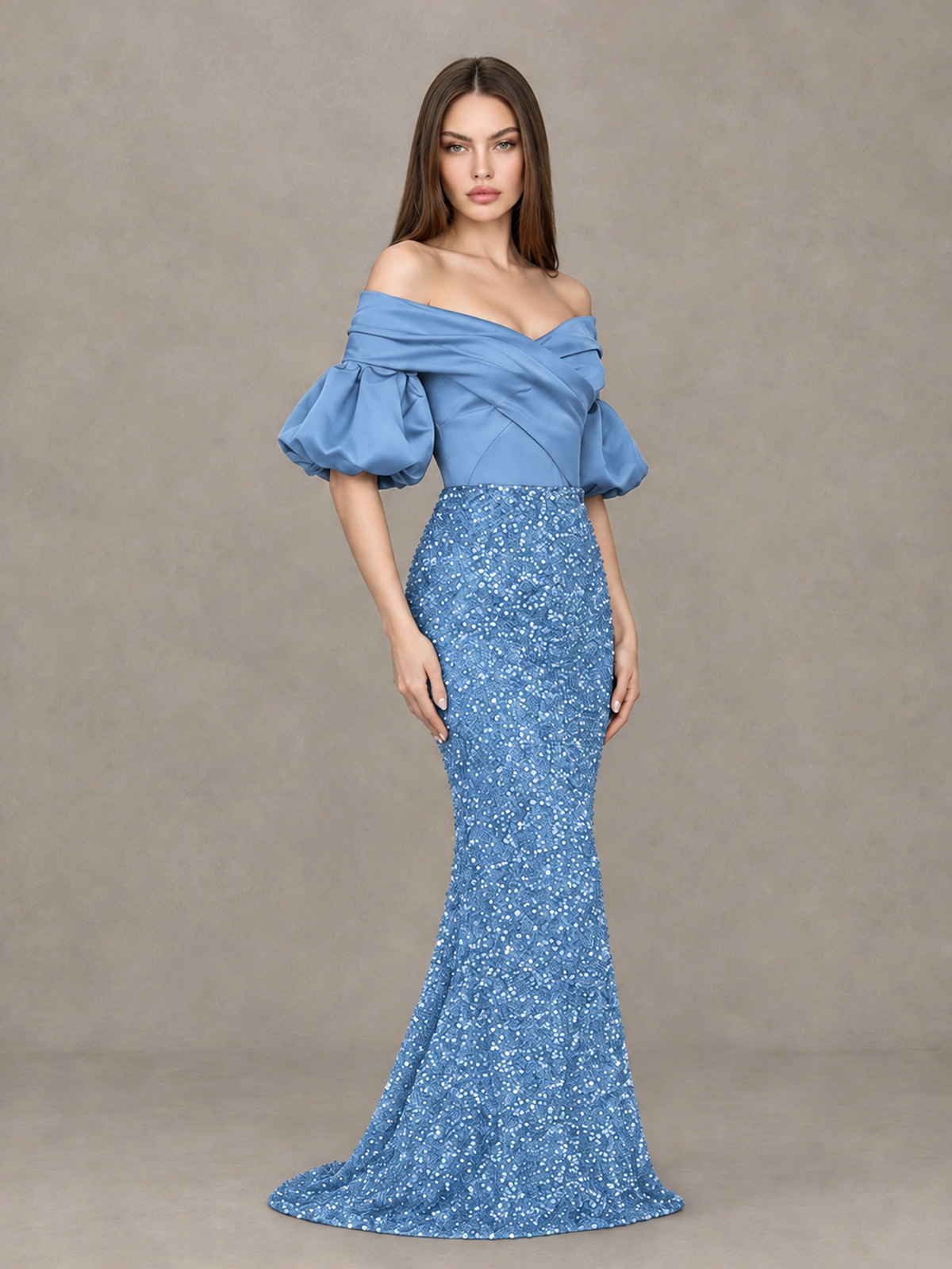 BOLODOO Light Blue Off-Shoulder Puff Sleeve Sequin Mermaid Evening Dress - Light Blue - Light Blue_3
